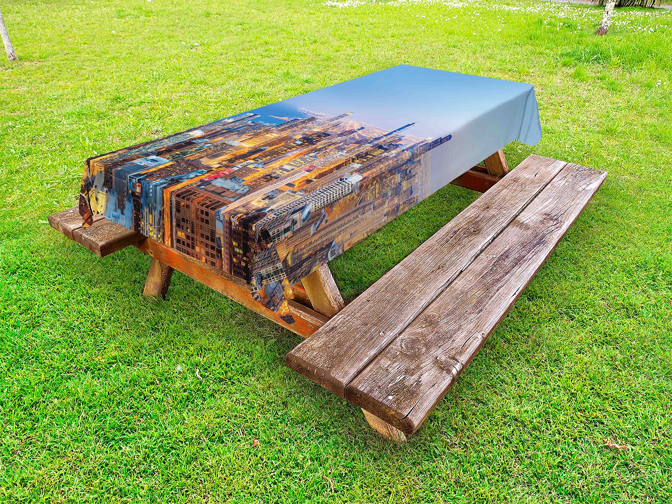 Ambesonne Chicago Skyline Outdoor Tablecloth - Vibrant Aerial View of City & Lake Michigan, Washable Picnic Table Cover 58x84 Inches, Multicolor - Perfect for BBQs, Garden Parties & Outdoor Dining