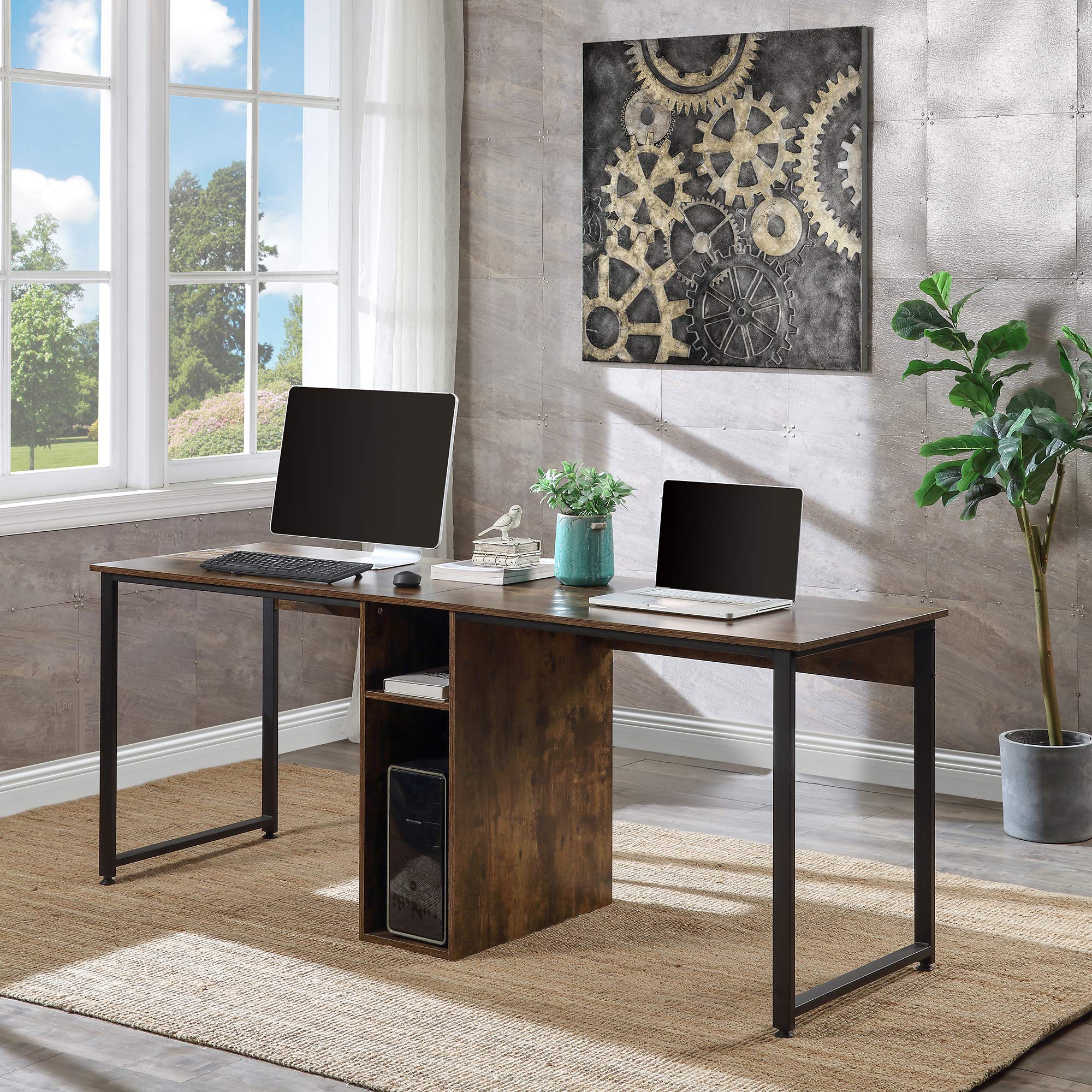 Two Person Desk - Double Computer Desk with Storage Shelves & Writing Table for Home Office - White & Brown - Perfect for Shared Workspaces & Small Offices