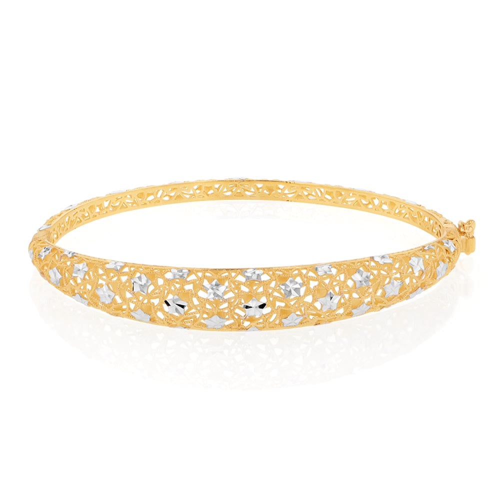 9ct Yellow and White Gold Two-Tone Fancy Mesh 65mm Bangle Bracelet - Elegant Jewelry for Women, Perfect for Parties, Weddings and Special Occasions