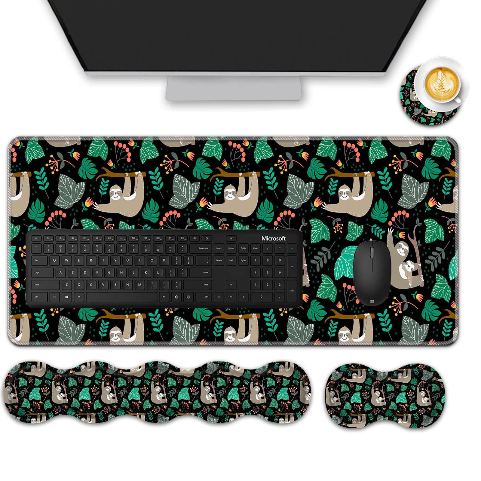 Premium Mouse Pad Set - 31.5×11.8 Inch Large Desk Mat with Keyboard Wrist Rest, Mouse Wrist Support & Coaster - Ergonomic Office & Home Computer Accessories for Laptop Users - Cute Sloth Design for Gaming & Work Comfort