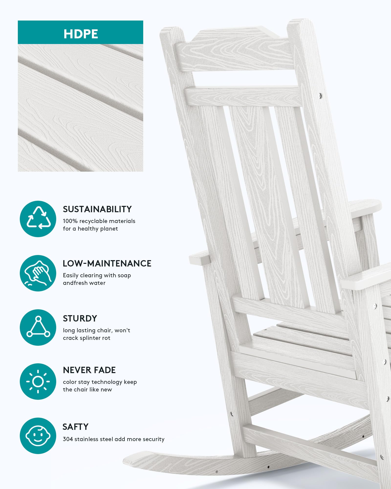 SERWALL White Outdoor Rocking Chair - Patio, Garden, Porch & Backyard Relaxation Furniture for Adults - Weather-Resistant Comfortable Rocker