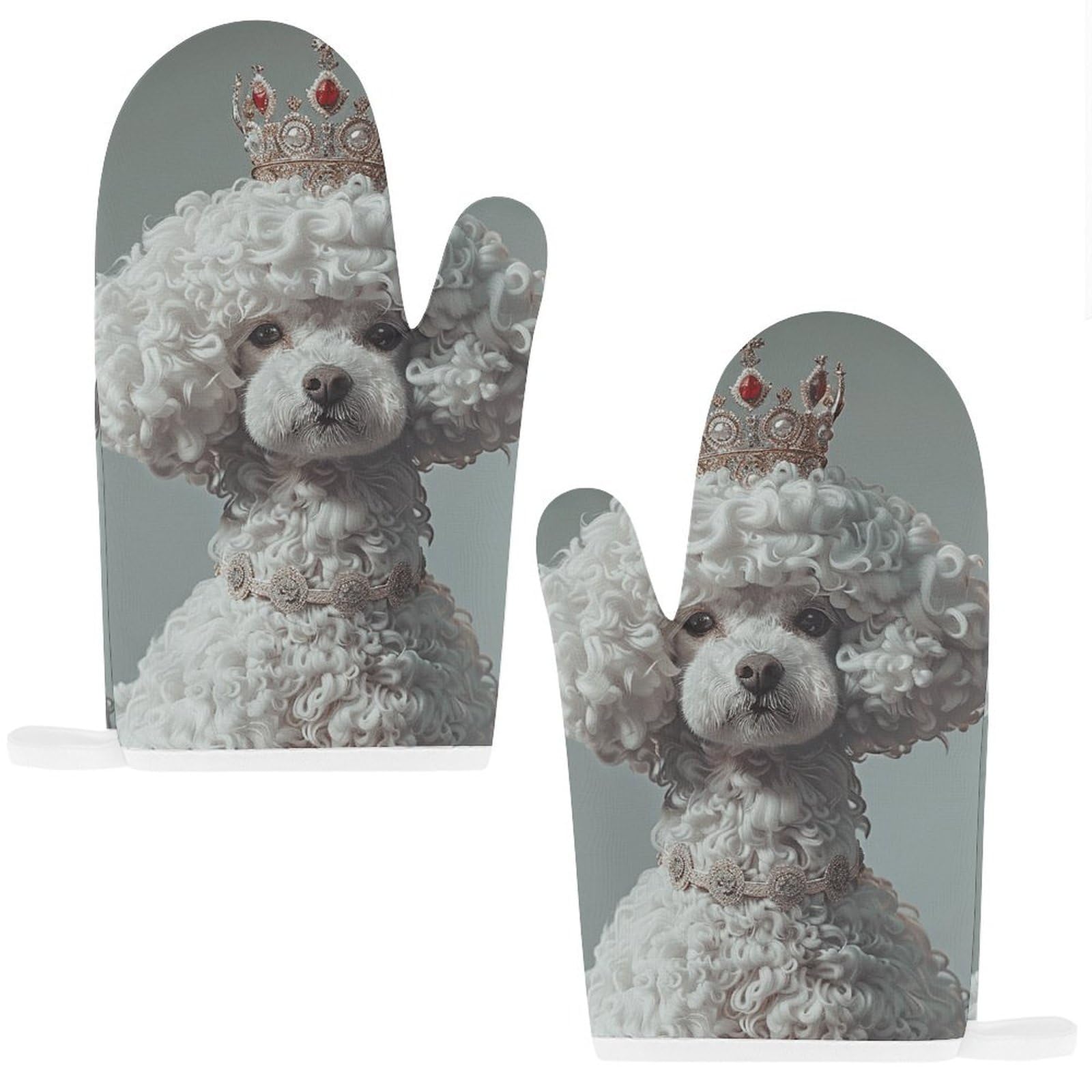 Heat Resistant Oven Mitts and Pot Holders Set of 2 - Non-Slip Kitchen Gloves for Cooking, Baking, Grilling & BBQ - Washable & Durable White Toy Poodle Design - Perfect for Home Kitchen, Outdoor BBQ & Holiday Baking