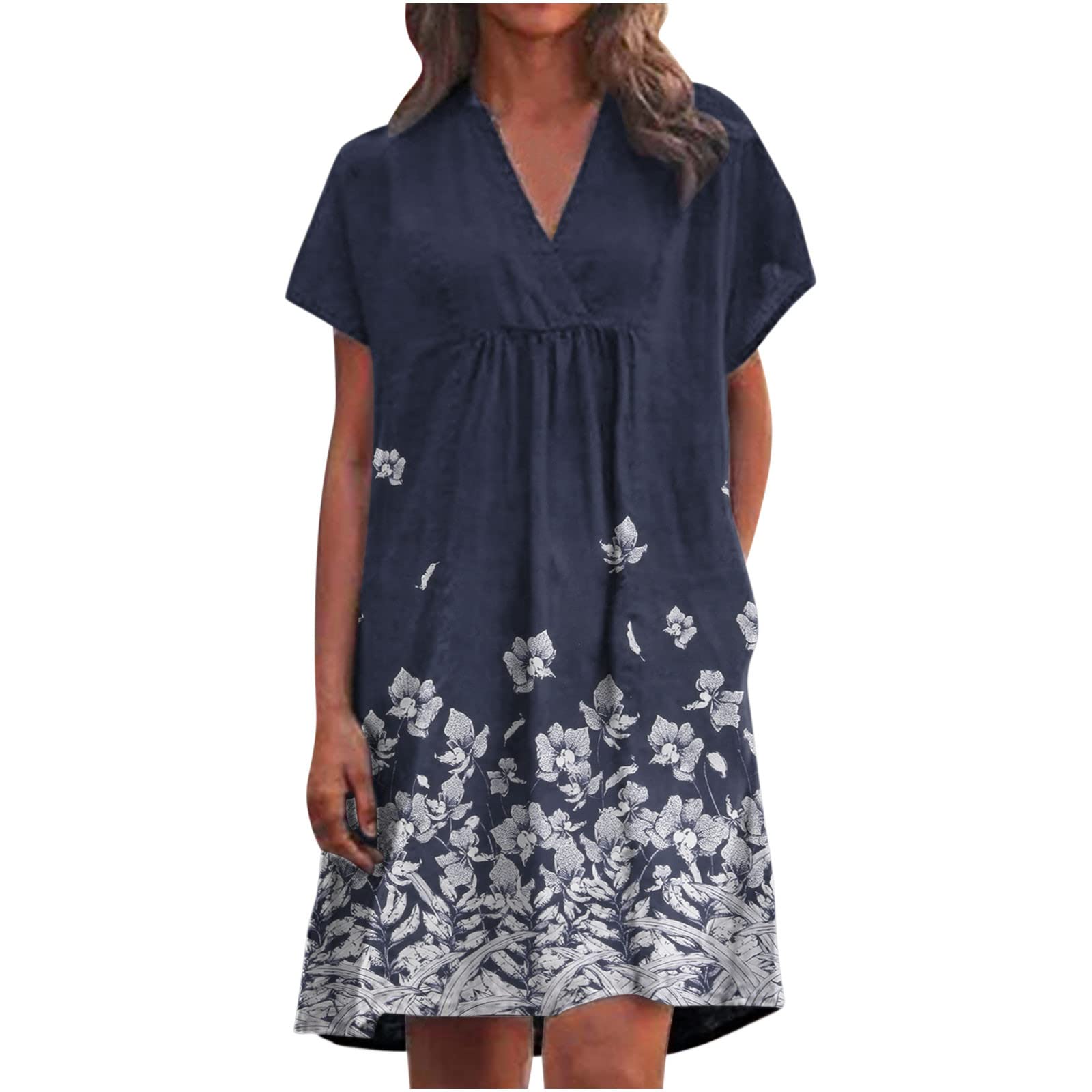 Women's Floral V-Neck Short Sleeve Summer Dress - Smocked Waist Loose Fit Casual Mini Dress with Pockets | Perfect for Beach Vacations, Picnics & Date Nights