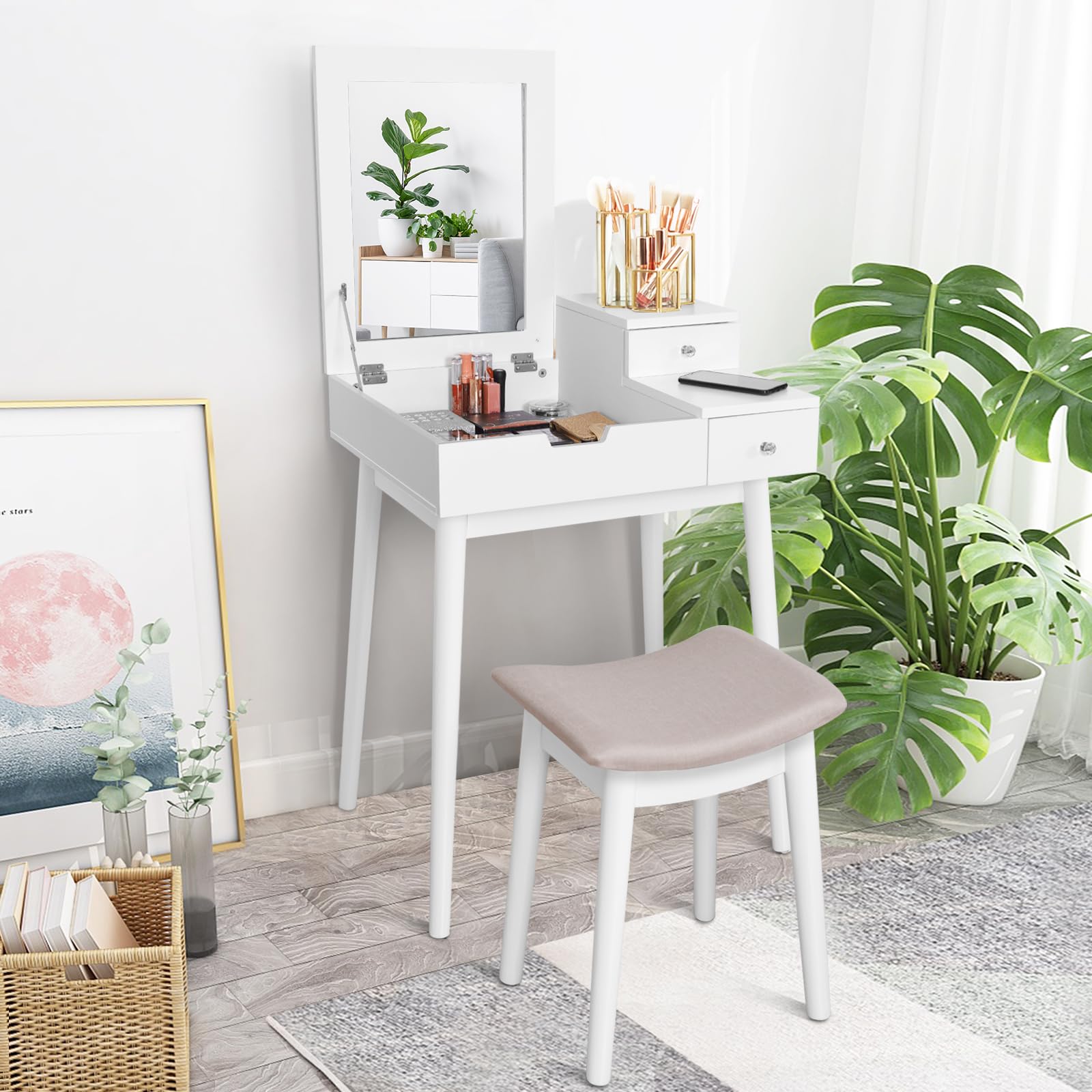 Giantex Vanity Table Set with Flip Top Mirror & Cushioned Stool, White Makeup Dressing Table with 2 Drawers & Large Storage Organizer - Perfect for Bedroom, Bathroom & Home Makeup Station