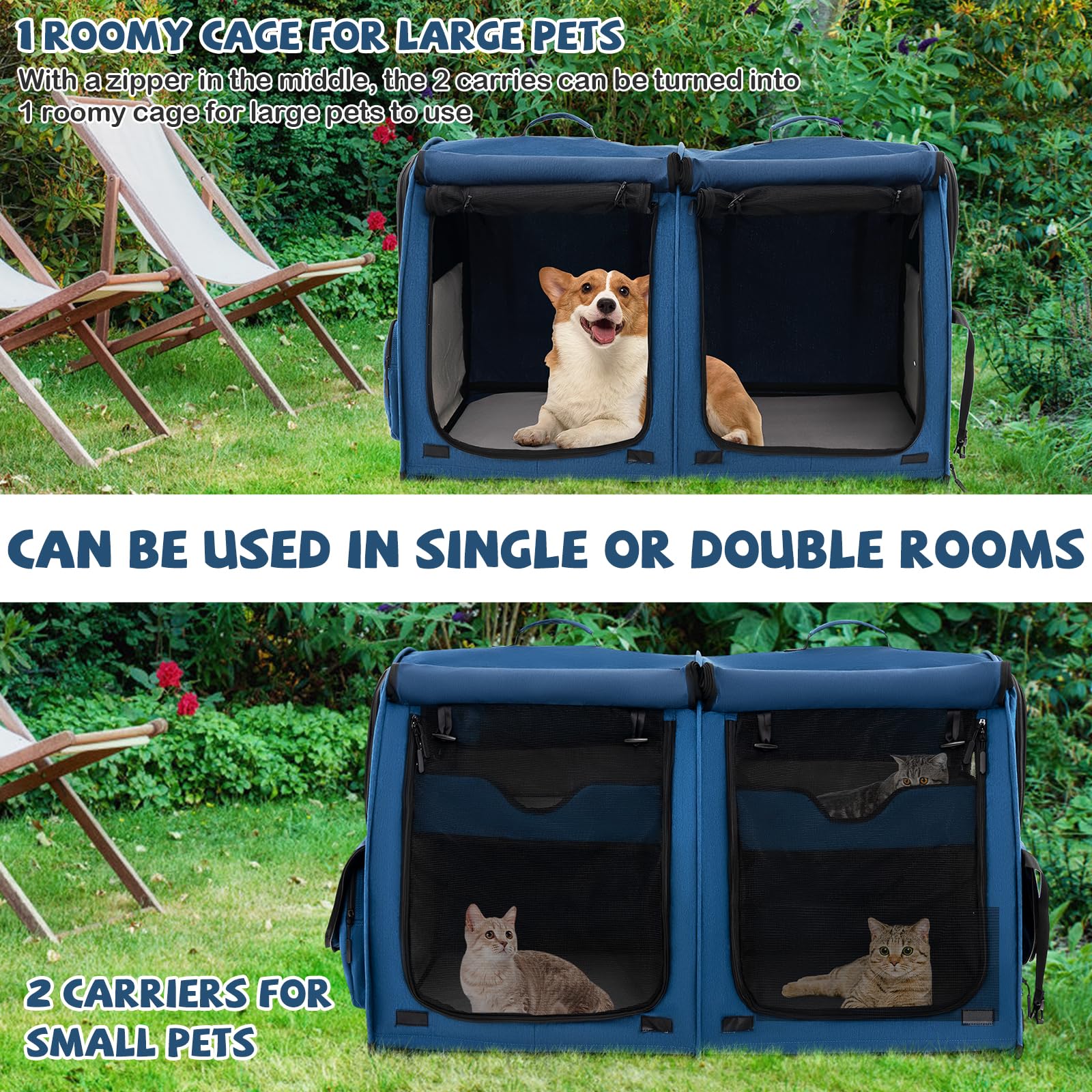 **40 Inch Large Cat Carrier with Double Compartments - Portable Soft-Sided Pet Kennel for Cats & Small Dogs - Includes 2 Removable Hammocks, Dual-Use Mats & Litter Box - Travel Carrier with Carry Bag & Ground Stakes (Navy Blue) - Perfect for Air Travel, Road Trips & Vet Visits**