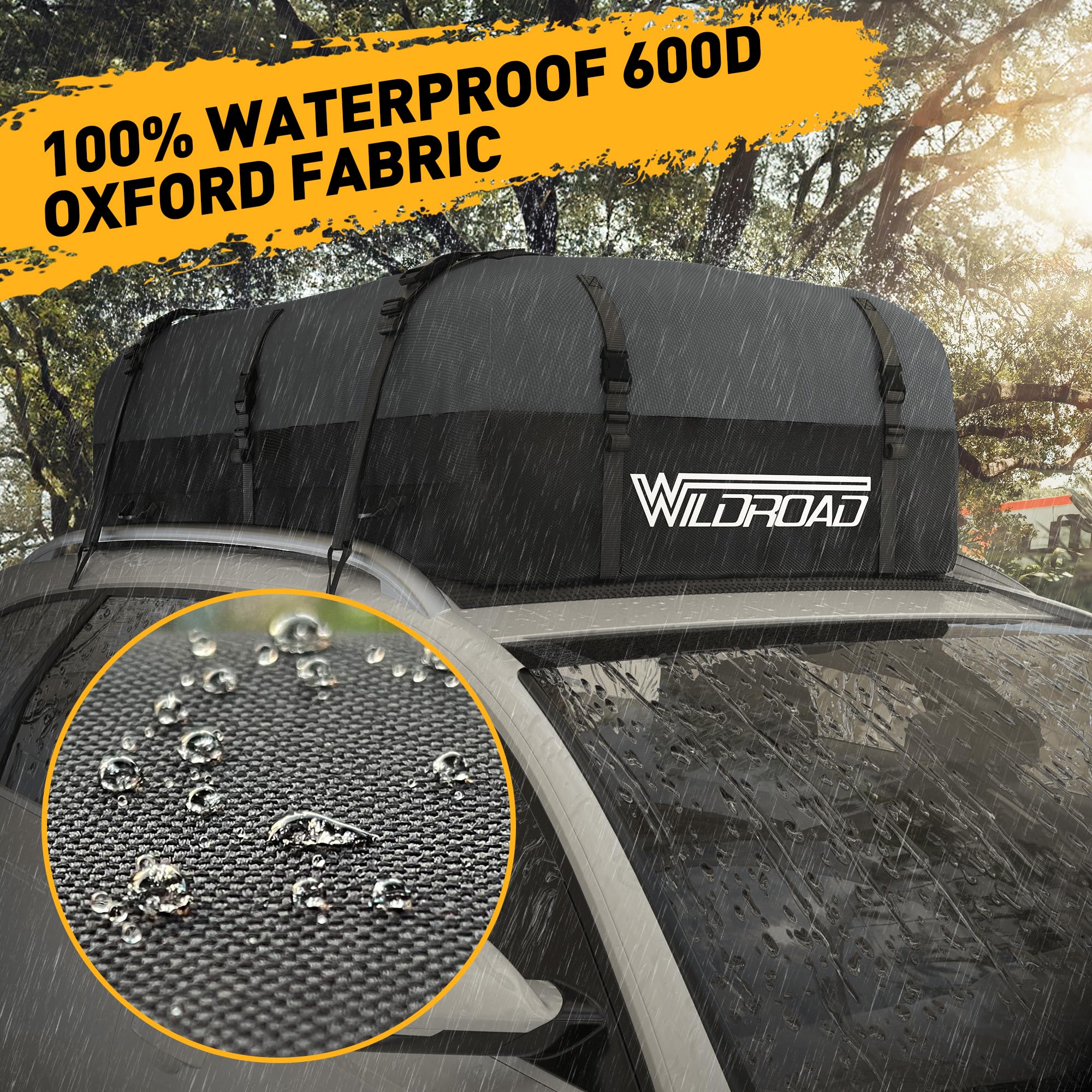 WILDROAD 21 Cubic Feet Waterproof Rooftop Cargo Carrier Bag - 600D Ultra Anti-Tear Fabric, Soft-Shell Roof Storage with Anti-Slip Mat & 6 Door Hooks - Fits All Cars with/Without Roof Racks - Perfect for Road Trips, Camping & Outdoor Adventures