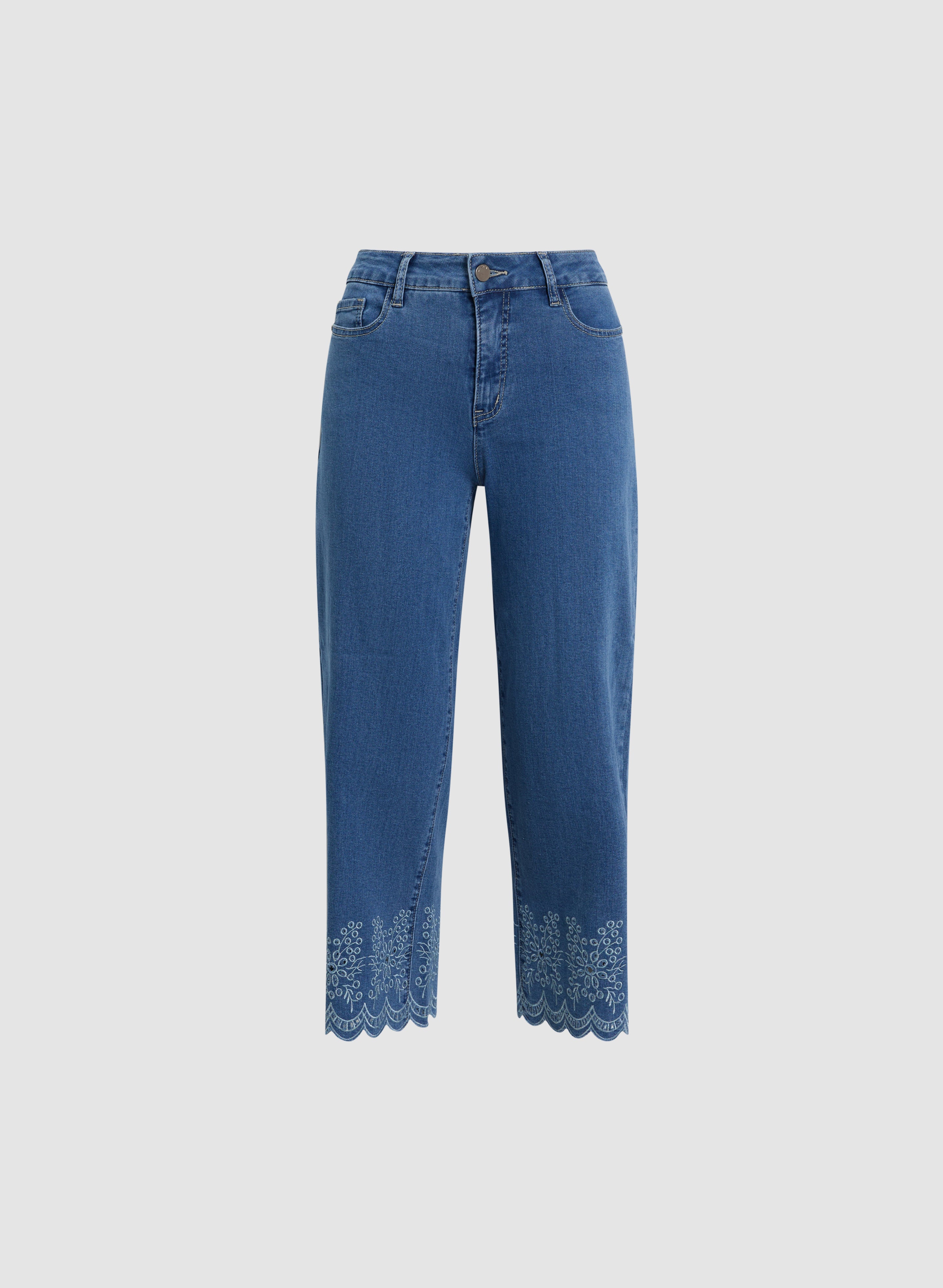 Embroidered Hem Capri Jeans for Women - Stretch Denim Pants with Floral Design - Perfect for Casual Outfits, Summer Wear & Boho Style Fashion