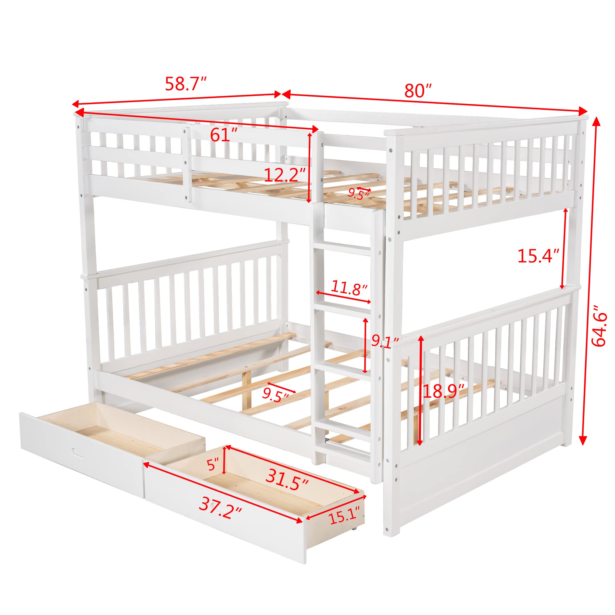 Harper & Bright Designs Full Bunk Beds with Storage Drawers - Solid Wood Detachable Full Over Full Bunk Bed Frame with Ladders & Safety Rail for Kids, Teens, Adults (White) - Perfect for Small Bedrooms, Guest Rooms & Vacation Homes