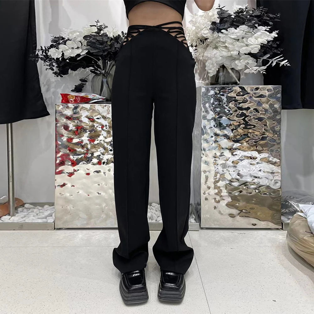 Black High Waist Bandage Wide Leg Pants for Women - Minimalist Solid Cut Out Trousers | Spring Fashion Staple for Office Wear & Casual Outings