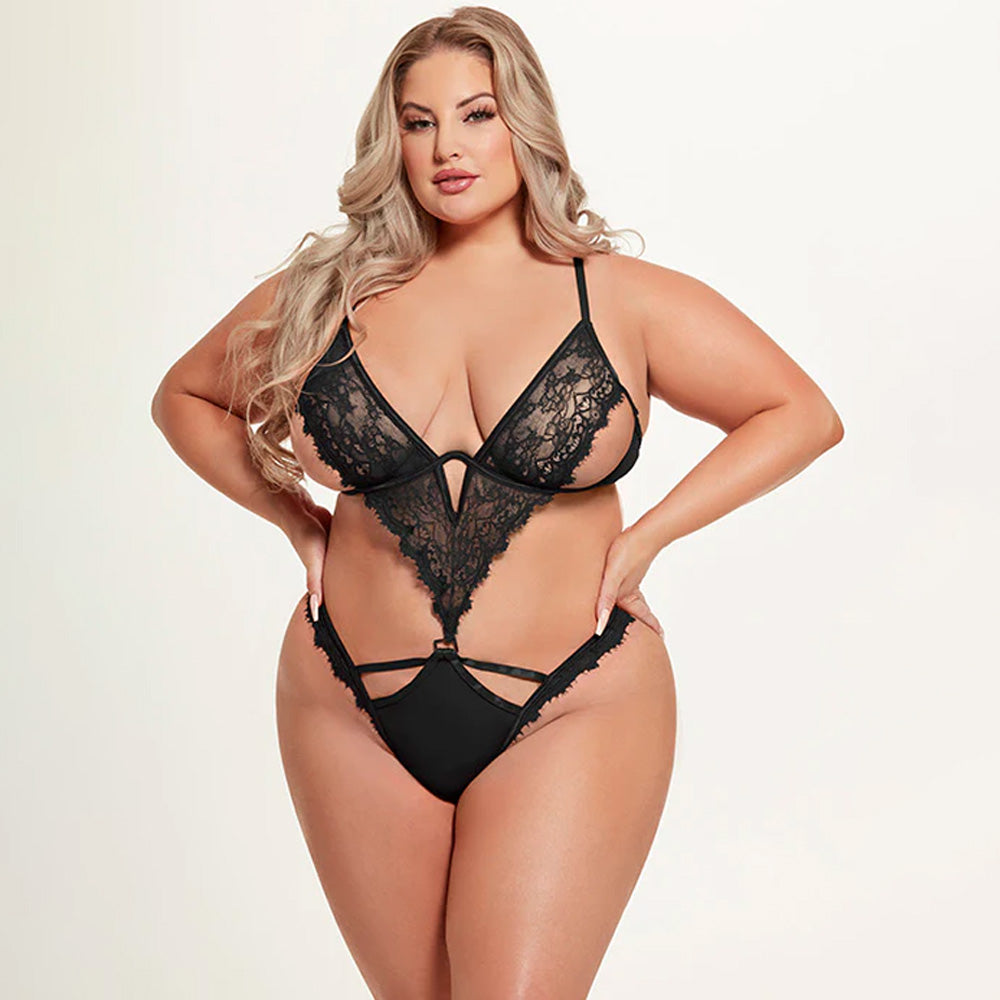 Nadia Cutout Lace & Mesh Crotchless Teddy for Women - Plus Size Lingerie Set | Perfect for Valentine's Day, Boudoir Photography & Romantic Nights