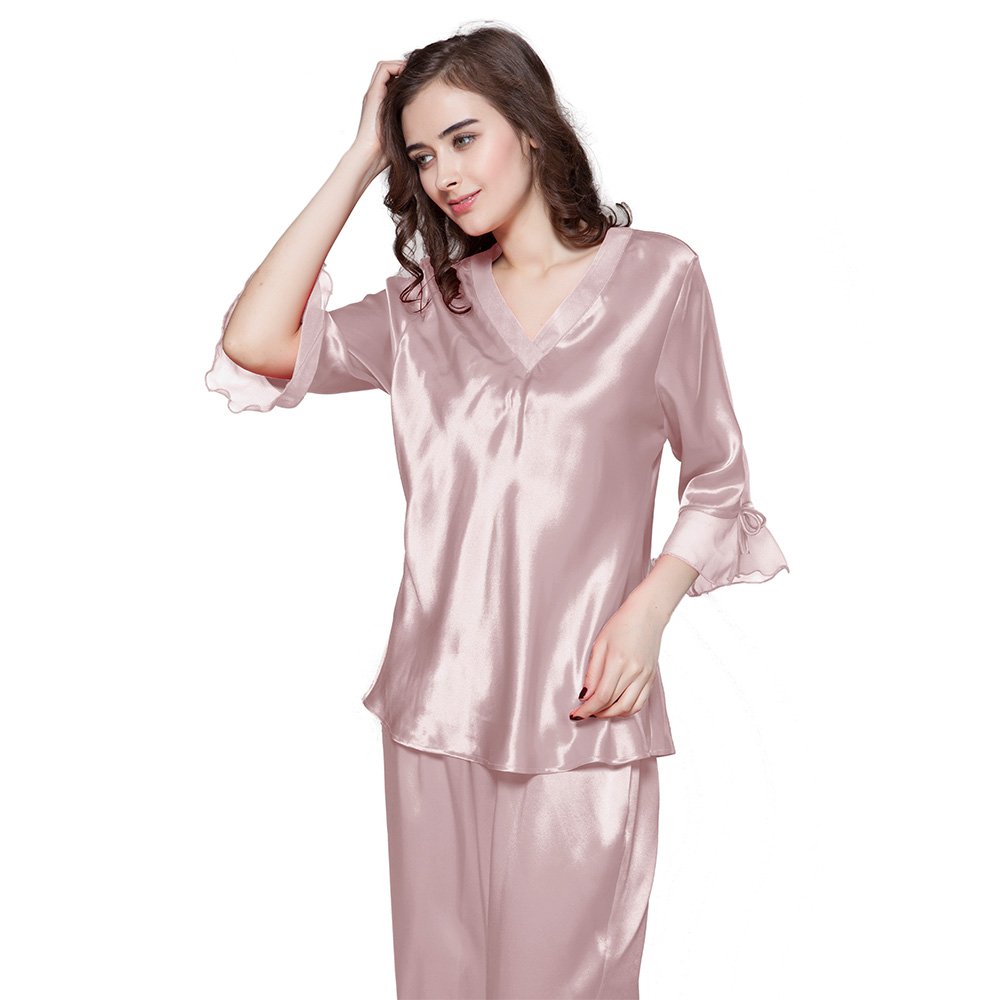 LilySilk 100% Mulberry Silk Pajama Set for Women - V-Neck 3/4 Sleeve Luxury Sleepwear | Soft & Breathable Nightwear for Relaxation, Travel & Gift Giving