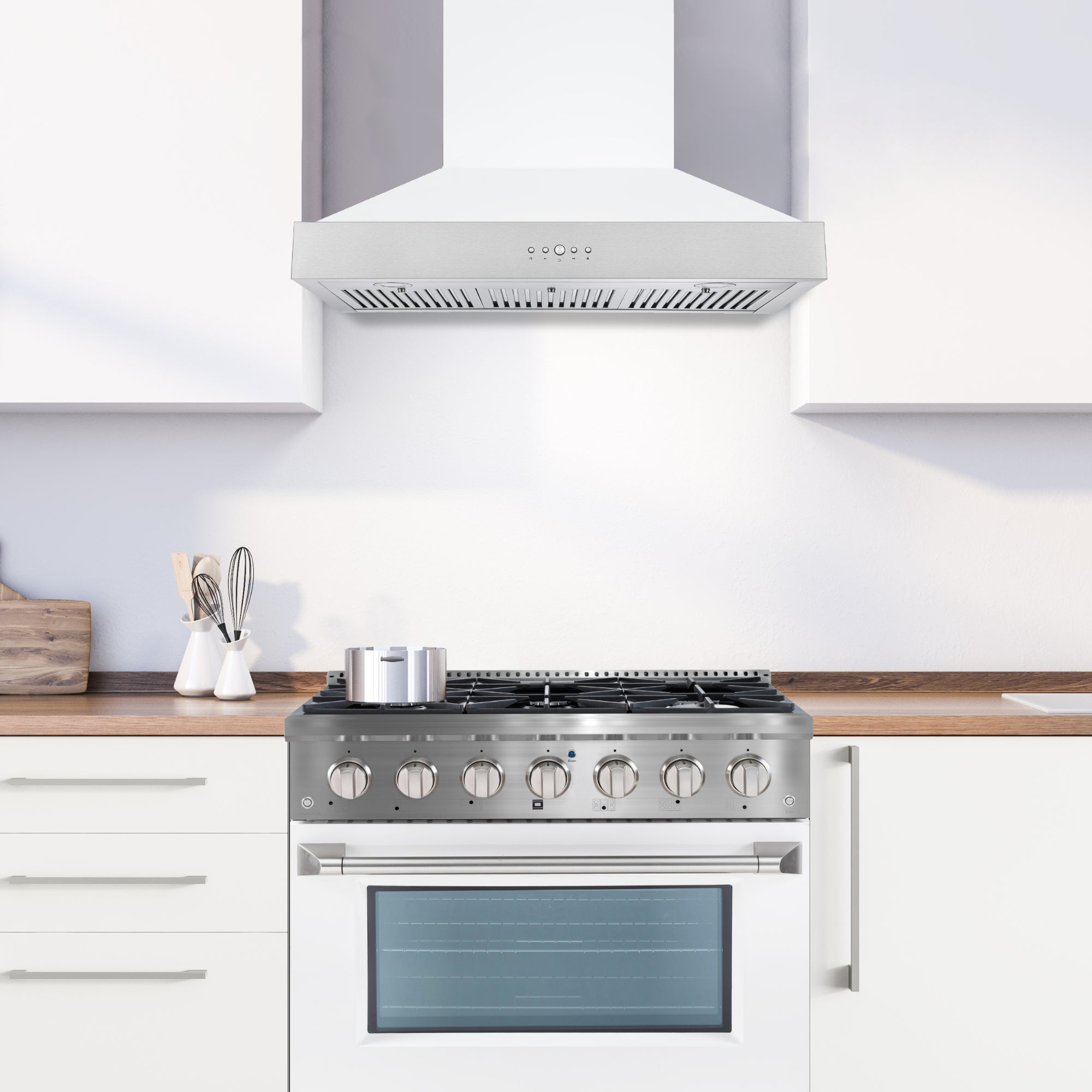 Ancona 2-Piece 36-Inch Gas Range with Convection Oven & 600 CFM Wall Mount Pyramid Range Hood - Professional Kitchen Appliance Set for Home Chefs and Cooking Enthusiasts