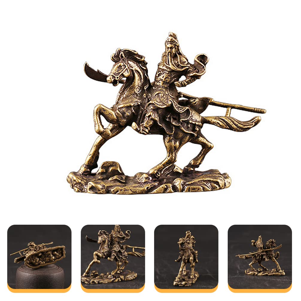 Guan Yu on Horseback Brass Ornament - Desktop Decor for Home & Office - Chinese Warrior Statue for Feng Shui, Collectibles, and Gift Giving