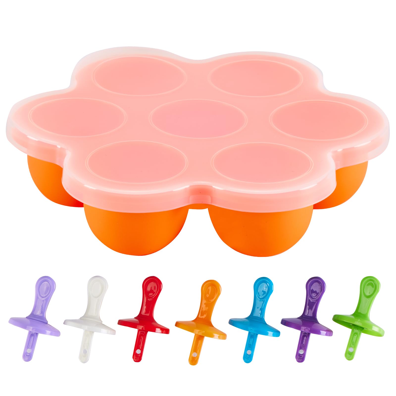 **7-Cavity Silicone Popsicle Molds with Lid - Non-Stick Ice Pop & Baby Food Storage Containers, Reusable Ice Cube Trays & Cake Molds (Orange) - Perfect for Homemade Treats, Kids Snacks & Party Desserts**