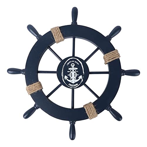 Mediterranean Nautical Wooden Boat Steering Wheel with Fishing Net & Shells - 28cm Coastal Wall Decor for Beach House, Living Room, or Bedroom - LJFFJL-3006 (Style 3)