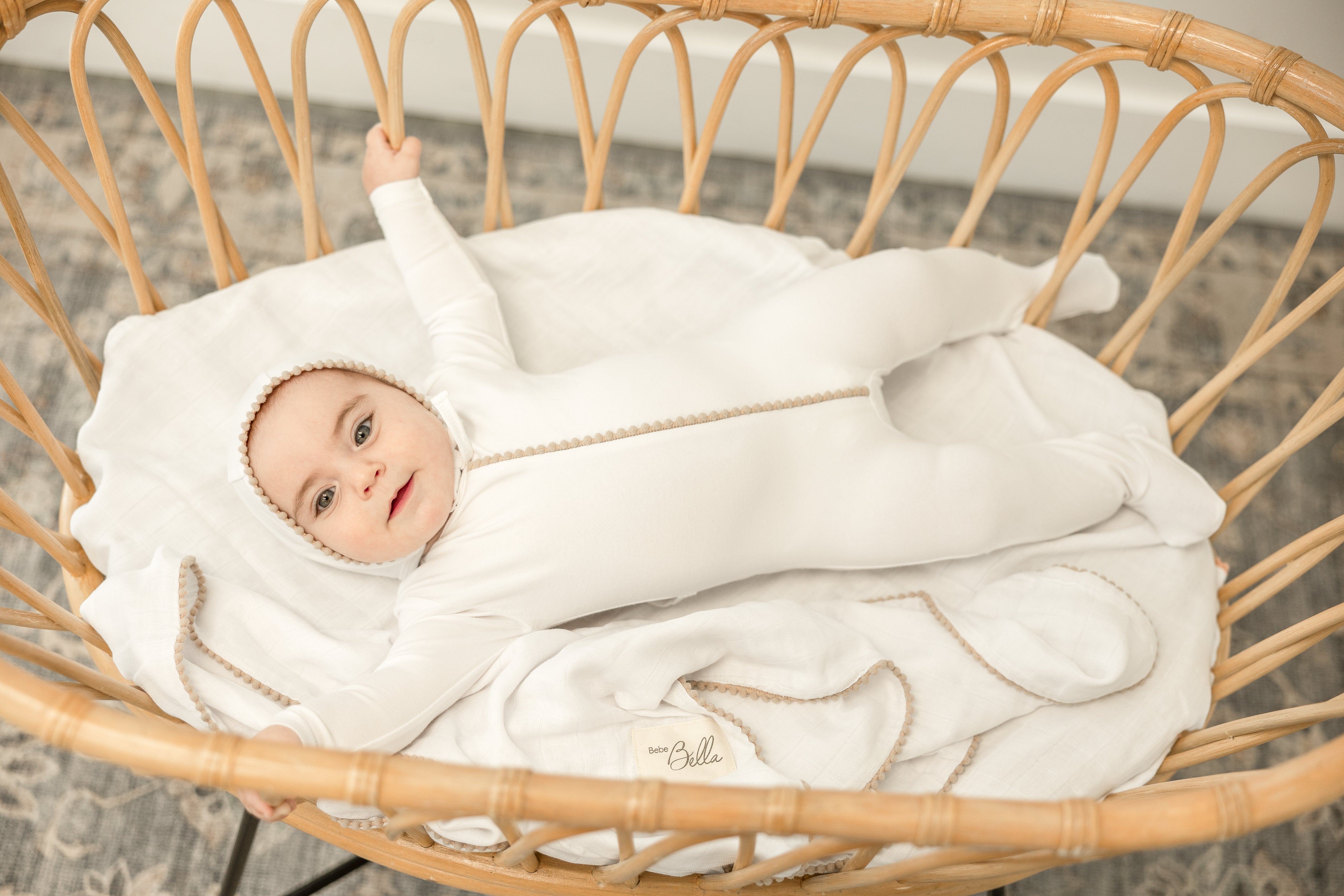 Adorable Pom Pom Trim Baby Onesie with Matching Bonnet - Soft & Cozy Newborn Outfit for Photoshoots, Holidays & Special Occasions