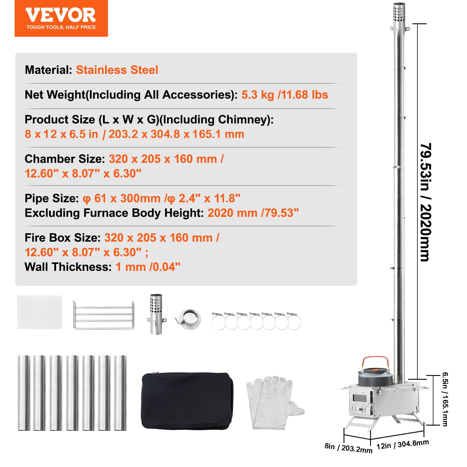 VEVOR Portable Stainless Steel Camping Wood Stove with Chimney Pipes & Gloves - 700in³ Firebox for Outdoor Cooking, Heating, Survival - Perfect for Hot Tents, Hunting Cabins, Backpacking & Emergency Preparedness