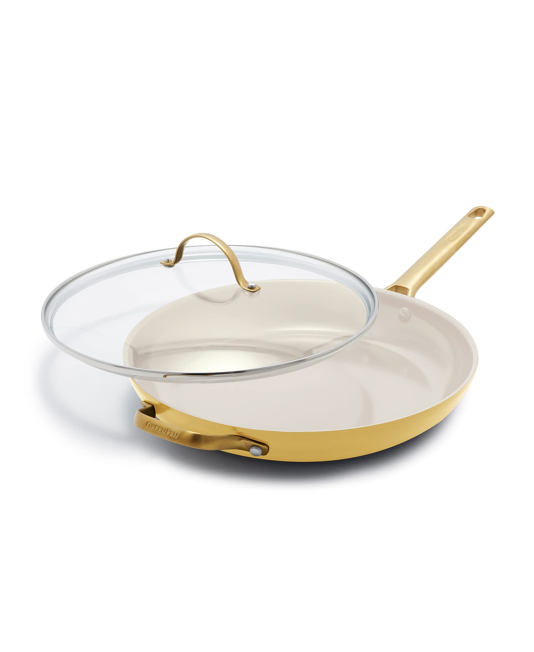 GreenPan Reserve Hard Anodized Healthy Ceramic Nonstick 12-Inch Frying Pan Skillet - PFAS-Free, Dishwasher & Oven Safe (450°F) with Helper Handle & Glass Lid - Gold Handle, Sunrise Yellow - Perfect for Sautéing, Frying & Everyday Cooking