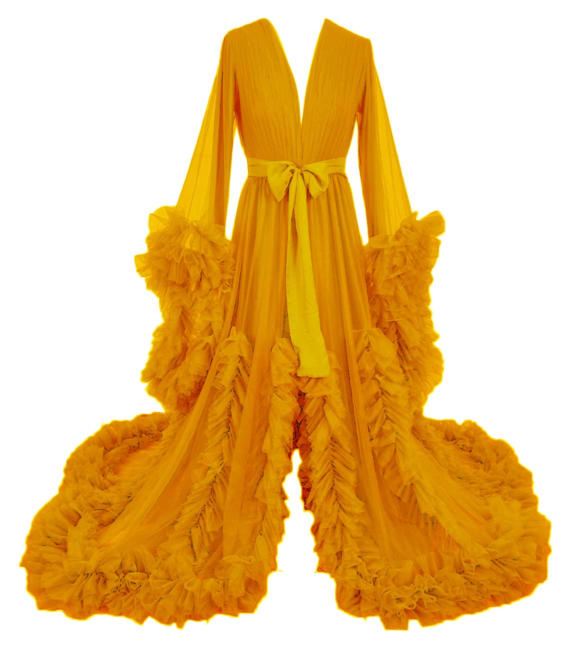 Elegant Nazapher Long Wedding Scarf Illusion Nightgown - Feather Trim Robe with Sheer Puffy Sleeves for Bridal Shower, Bachelorette Party & Romantic Evening Wear