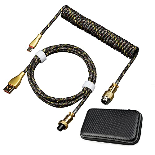 Premium Custom Coiled USB-C to USB-A Cable for Mechanical Gaming Keyboards | Aviator Connector & Storage Box | 5.94ft Black Gold Coiled Keyboard Cable - Perfect for Esports, Streaming & Office Setup
