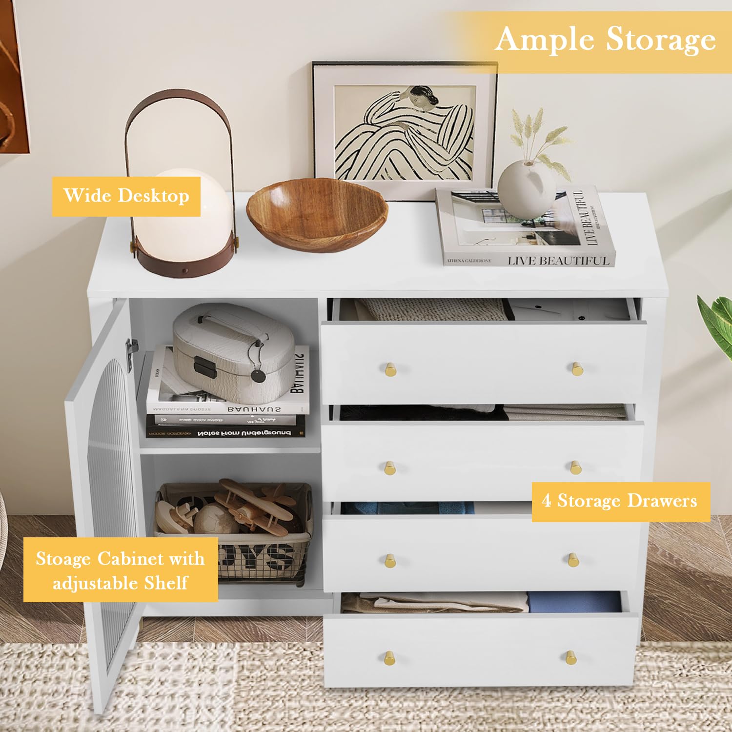 ENSTVER 3-Piece White Bedroom Set with Dresser & Nightstands - 4-Drawer Fluted Glass Door Chest & USB Charging Nightstands | Modern Bedroom Furniture for Master Bedroom, Guest Room, or Apartment