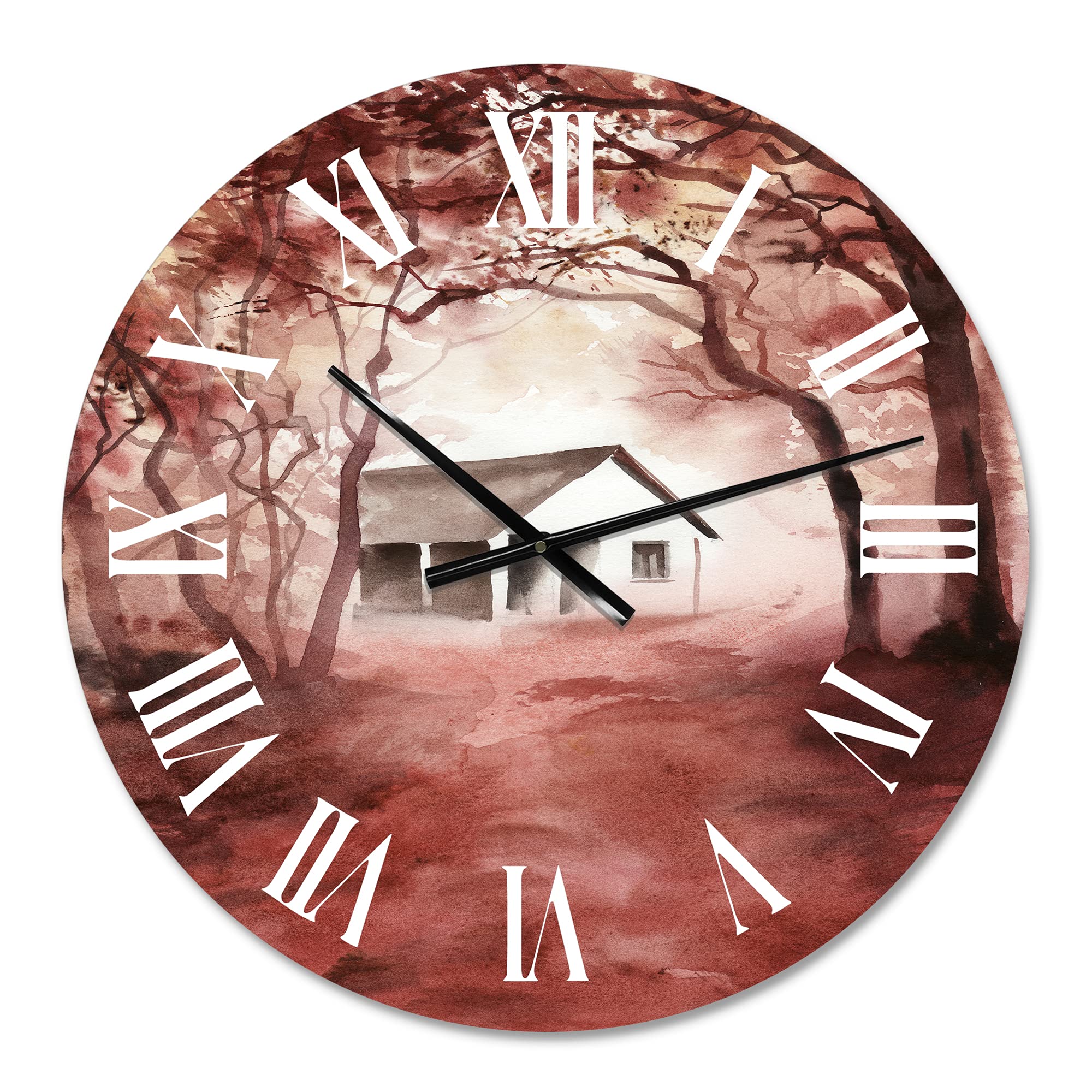 DesignQ Cabin & Lodge Wall Clock - 'House in Red Autumn Woods' Landscape Nature Decor - Large Rustic Wall Clock for Bedroom, Living Room & Cabin Decor - Perfect for Farmhouse, Lodge & Home Office