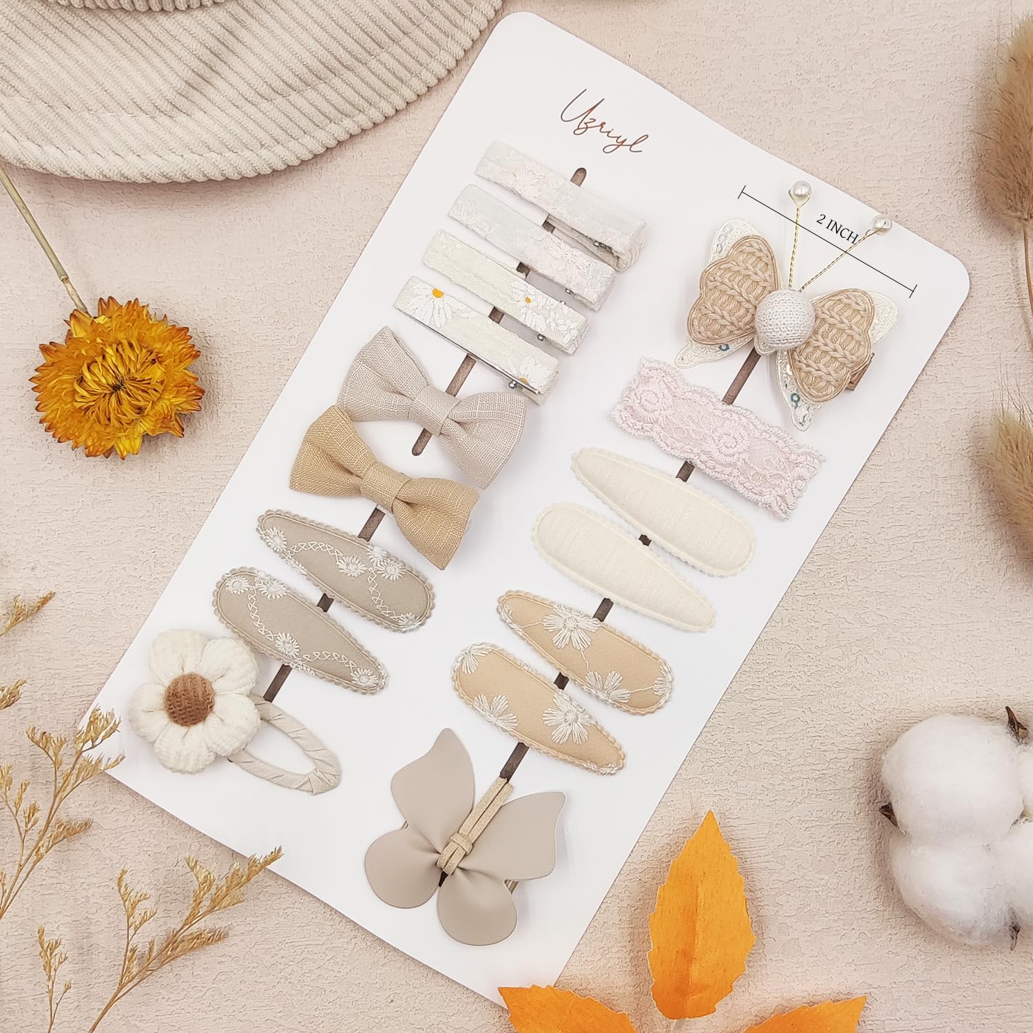 16Pcs Butterfly Flower Hair Clips for Girls - Handmade Fabric Hair Bows Barrettes for Baby, Toddler & Kids - Soft Lined Hair Accessories (Beige) - Perfect for School, Parties & Daily Wear