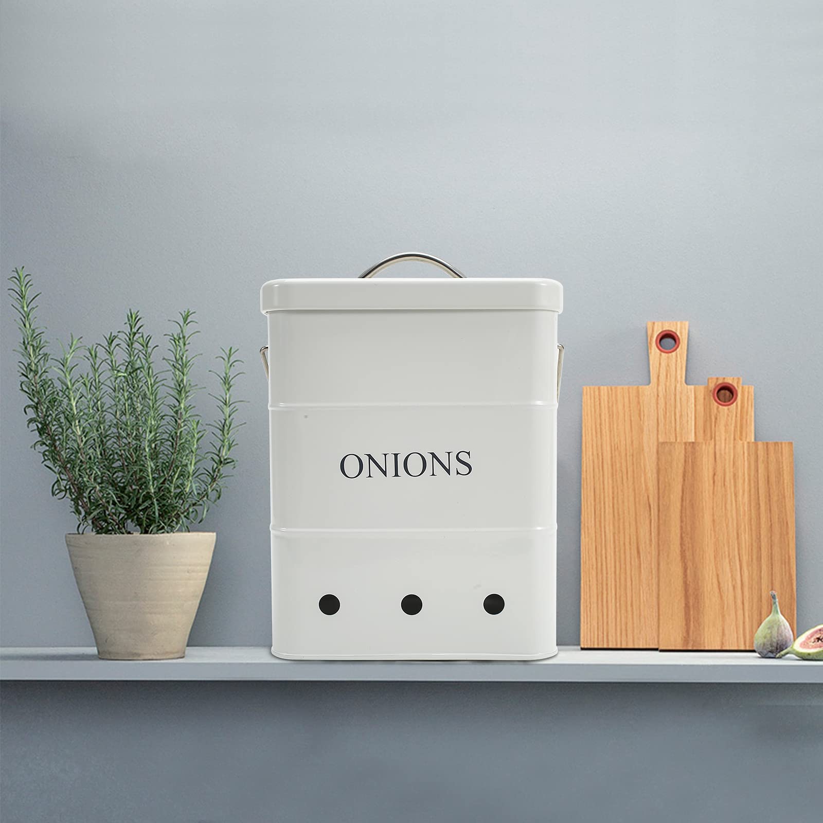 Airtight Onion Storage Bin with Lid & Handles - Kitchen Pantry Organizer for Vegetables - White Tin Canister with Aerating Holes | Perfect for Fresh Produce Storage in Pantry, Kitchen & Countertop Organization
