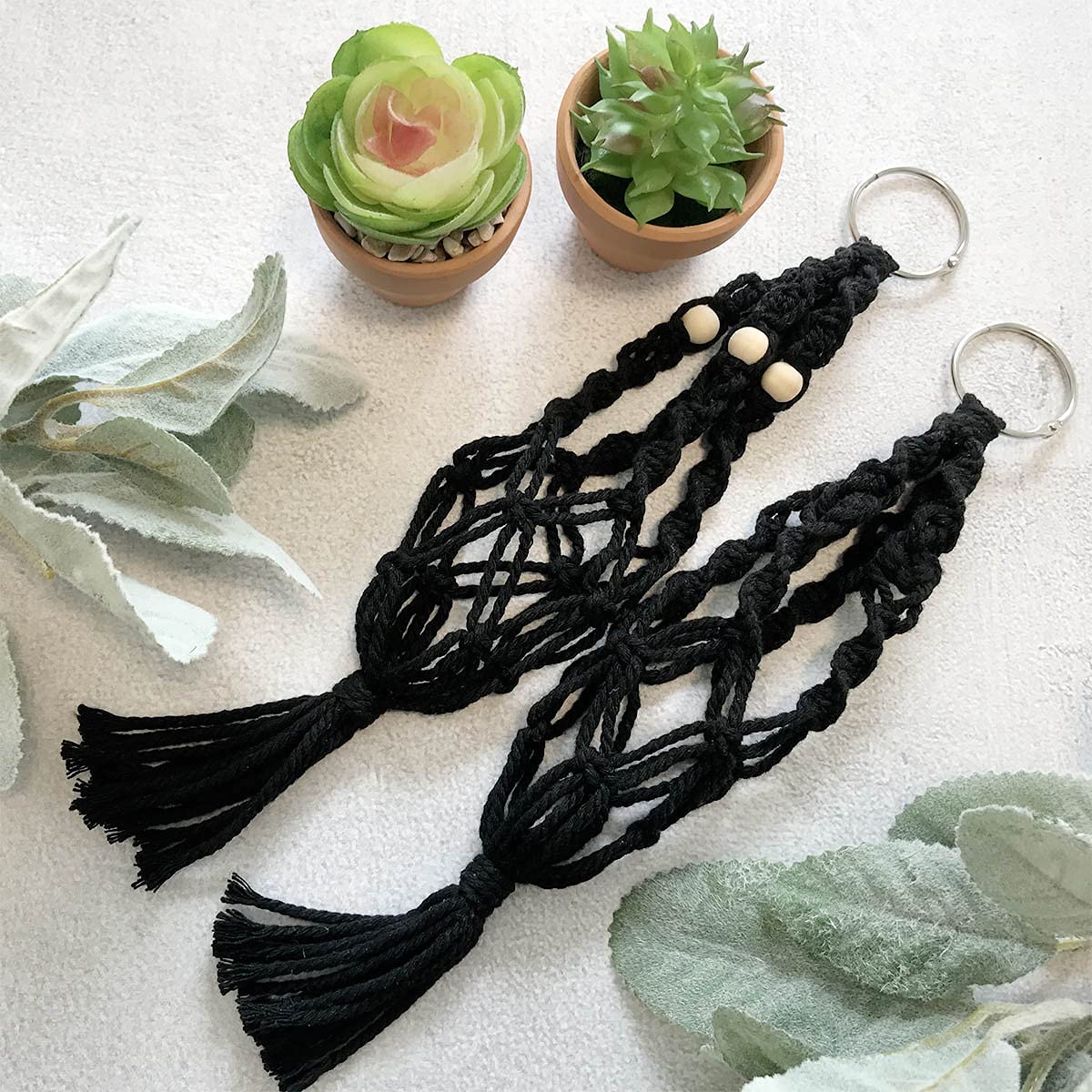 Boho Macrame Hanging Car Plant Decor - Mini Succulent Hanger for Rearview Mirror, Cute Car Accessories | Perfect for Road Trips, Office Desk & Home Décor