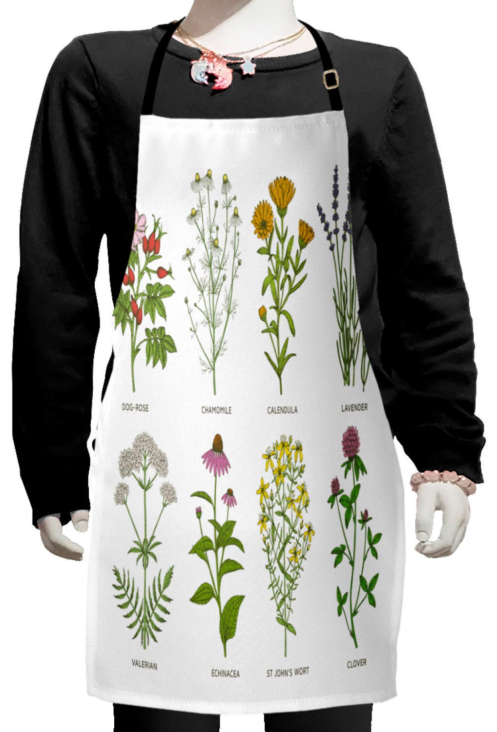 Ambesonne Herb Apron - Adjustable Small Bib Apron with Floral Print (Dog-Rose, Chamomile, Calendula, Lavender) for Baking, Painting, Cooking & Gardening - Natural Cosmetics Themed Kitchen Accessory