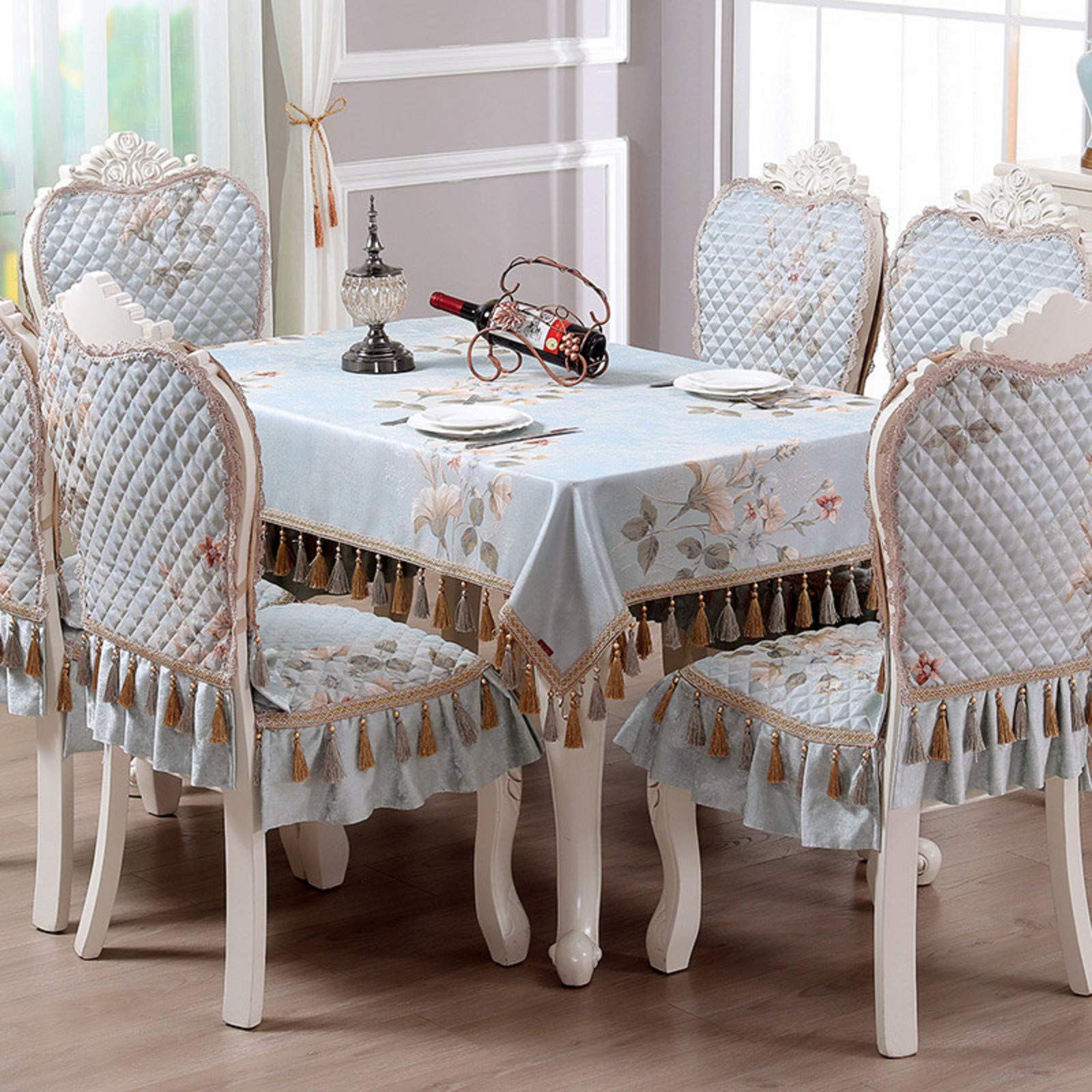 Luxury European Tassel Embroidery Chair Cover - 1pc Dust-Proof Floral Table Linens, Rectangle Tabletop Decor for Dining Room, Wedding, Party - Blue Fabric Table Cloth