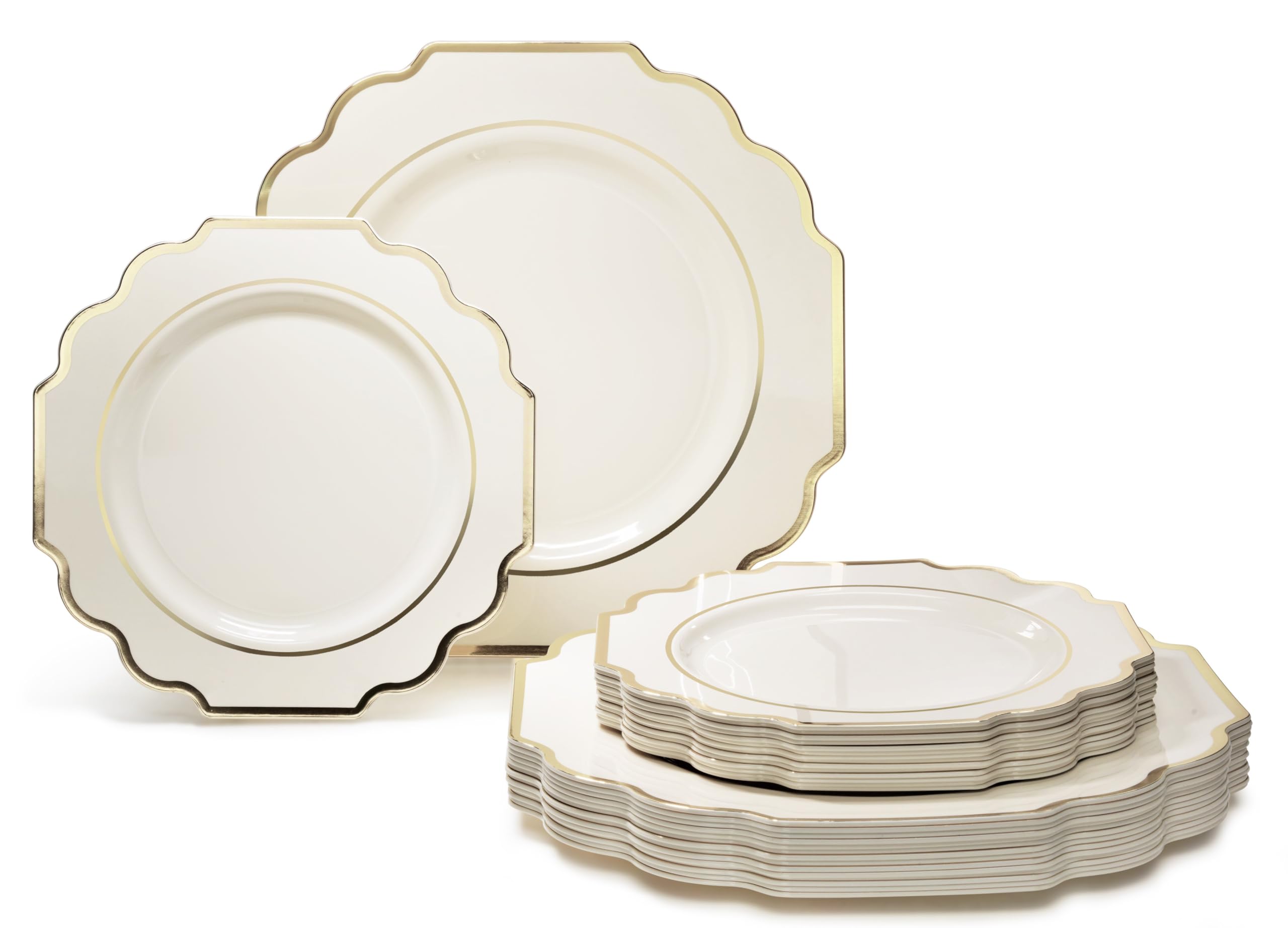 960-Piece Heavyweight Disposable Plastic Plate Set for Weddings & Parties - 120 x 10.5'' Dinner Plates, 120 x 8'' Dessert Plates, Silverware, Cups & Napkins in Imperial Ivory & Gold - Perfect for 120 Guests | Elegant Tableware for Wedding Receptions, Bridal Showers & Special Events