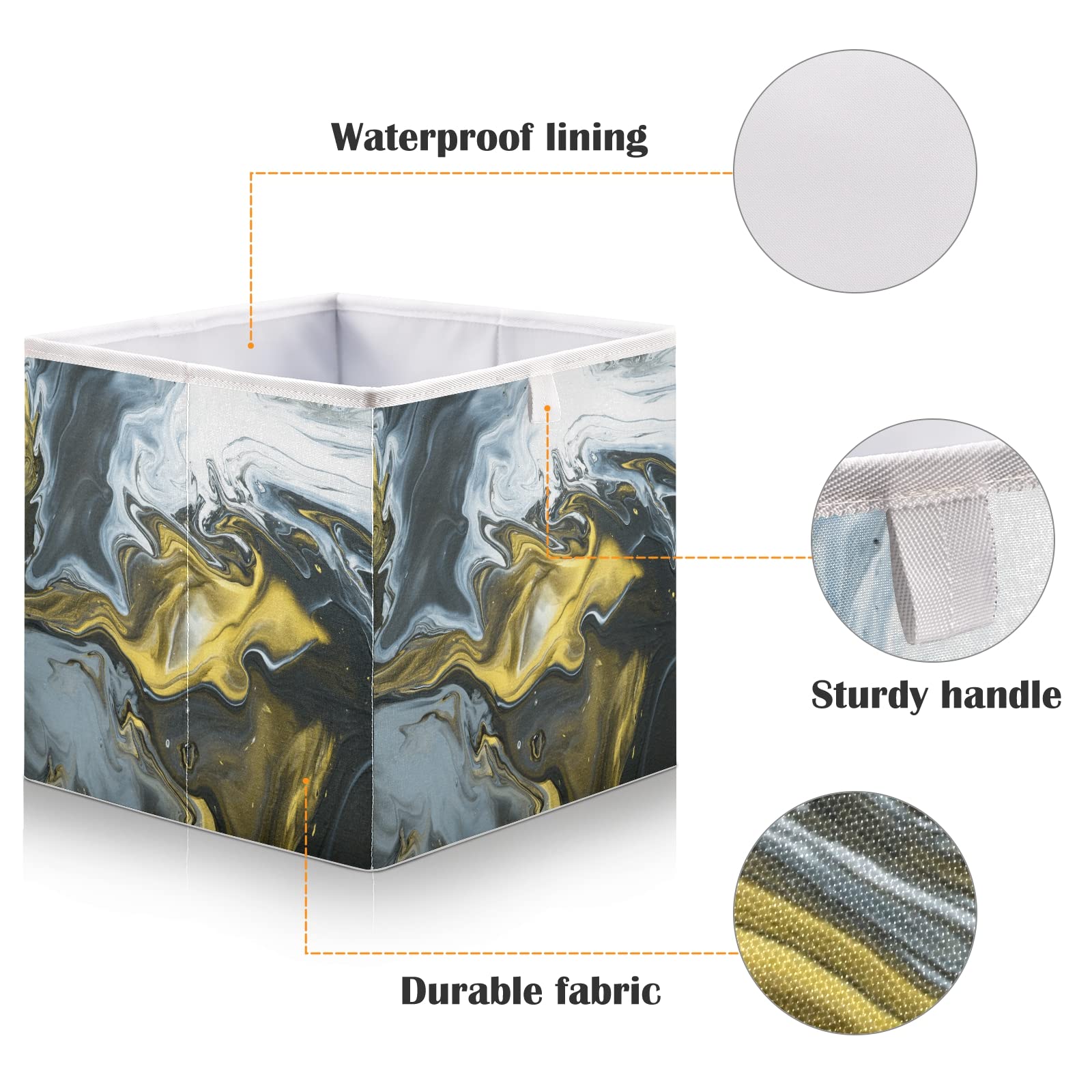 Modern Black Gold Marble Texture Acrylic Painting Square Storage Basket - Foldable Collapsible Organizer Bin for Toys, Clothes, Nursery | Easy Assembly Home Decor & Organization Solution