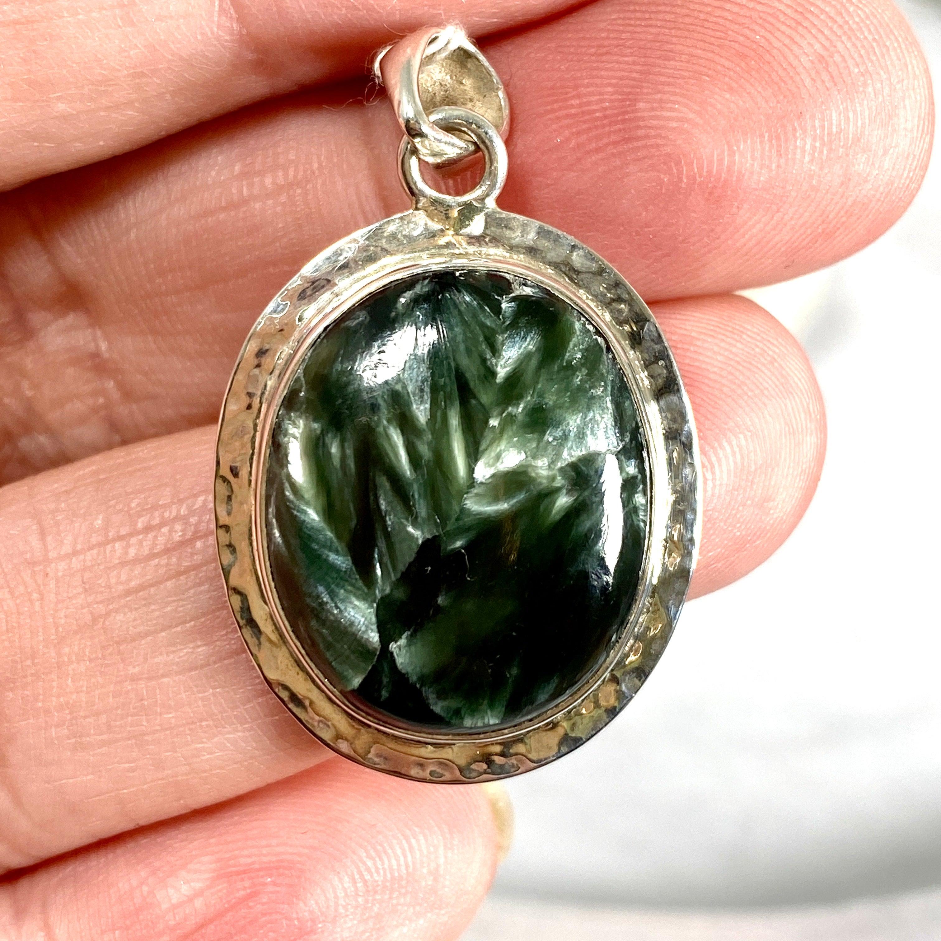 Natural Seraphinite Oval Cabochon Pendant with Handcrafted Beaten Banding - KPGJ2511 | Healing Crystal Jewelry for Meditation & Spiritual Gifts