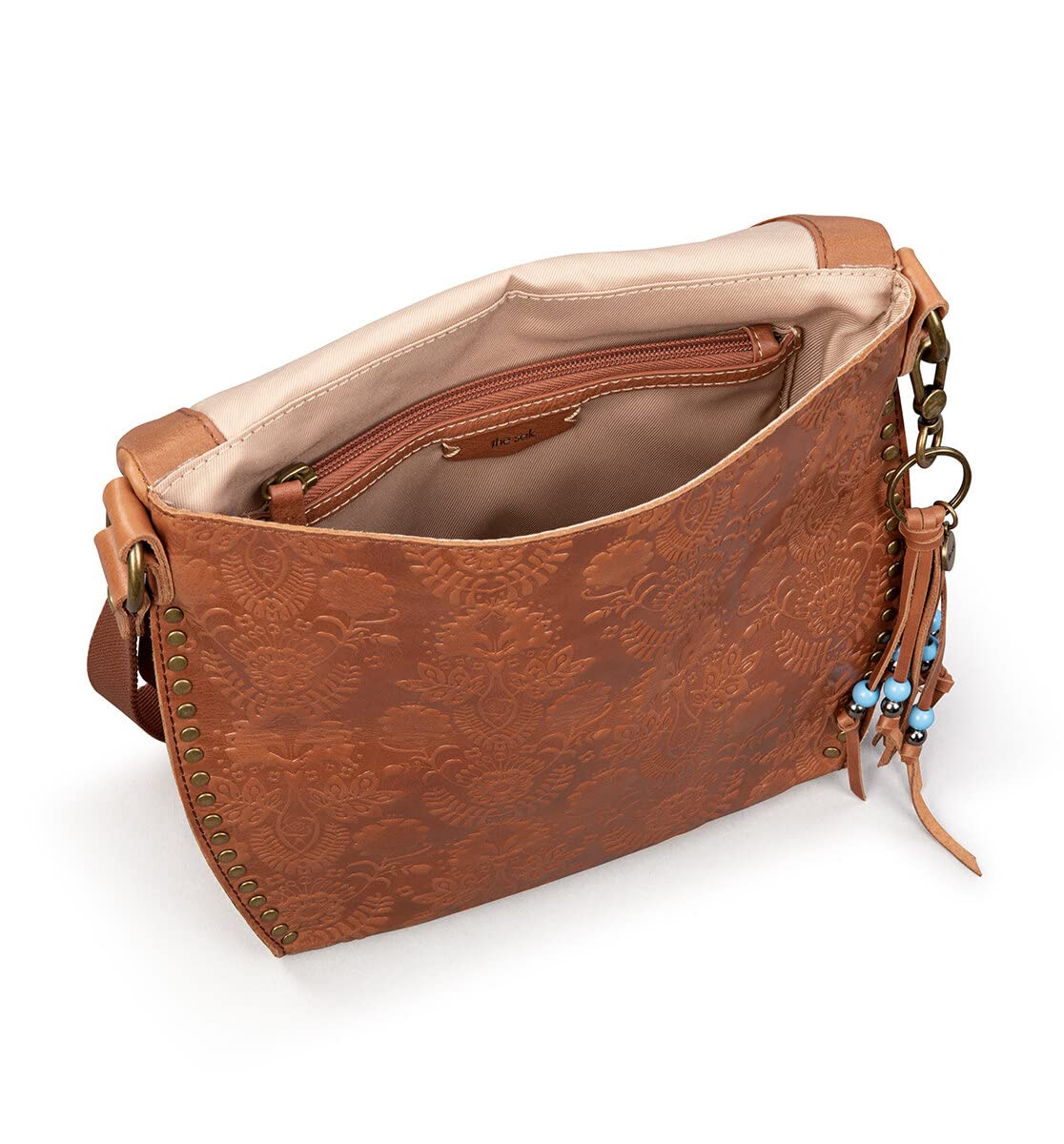 The Sak Women's Silverlake Leather Crossbody Bag - Adjustable Strap, Zipper Pockets, Tobacco Floral Embossed - Perfect for Casual Outings, Travel & Everyday Use