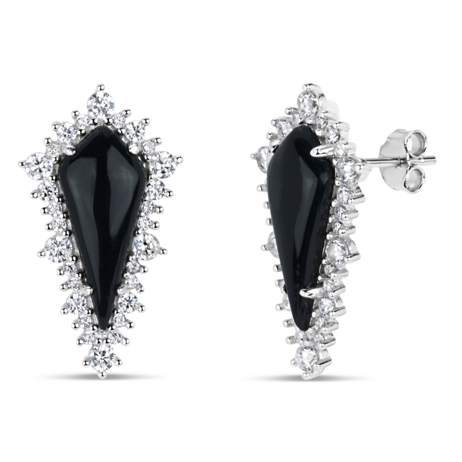 Sterling Silver Onyx & Cubic Zirconia Triangle Stud Earrings for Women - Elegant Geometric Jewelry for Everyday Wear & Special Occasions