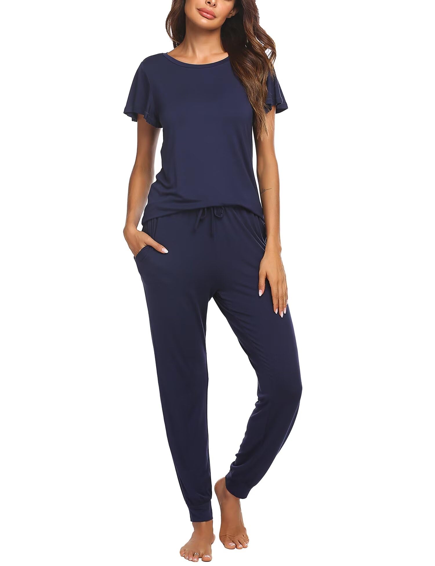 Ekouaer Women's Pajama Sets - Soft Short Sleeve Sleepwear & Long Pants Lounge Set with Pockets - Comfy Sleep & Jogger PJs for Nightwear, Lounging & Travel