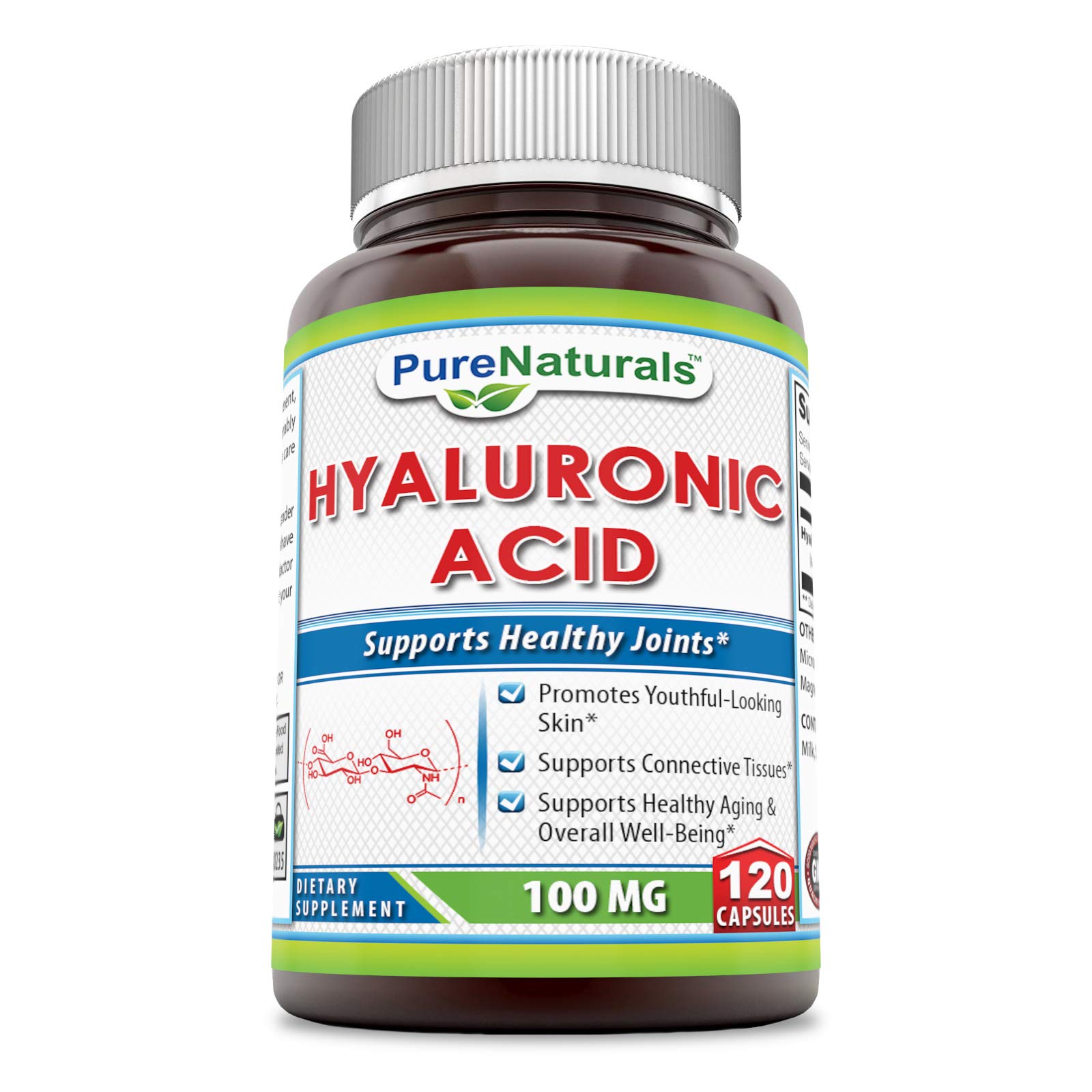 Pure Naturals Hyaluronic Acid 100mg - 120 Capsules for Joint Support & Skin Hydration | Vegan, Non-GMO Supplement for Healthy Aging & Glowing Skin