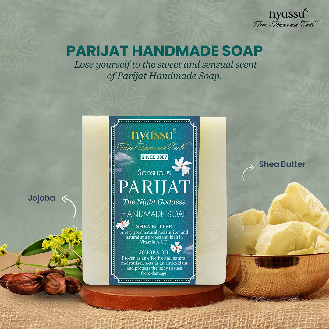 Nyassa Luxurious Parijat Handmade Natural Bathing Soap with Shea Butter & Jojoba Oil | Jasmine & Parijat Fragrance for All Skin Types | 150g | Perfect for Spa Day, Gift Sets & Relaxing Bath Time