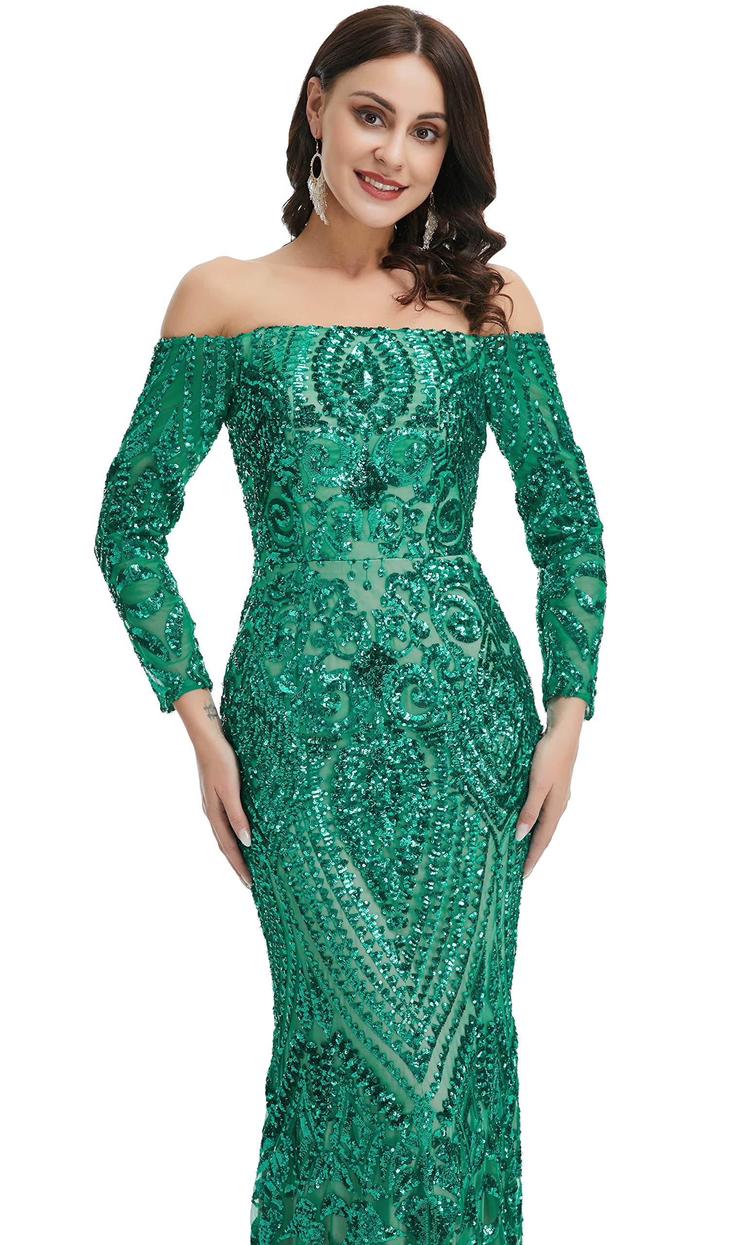 Elegant Women's Bateau Neck Long Sleeve Sequin Mermaid Evening Gown for Prom, Wedding, and Formal Events