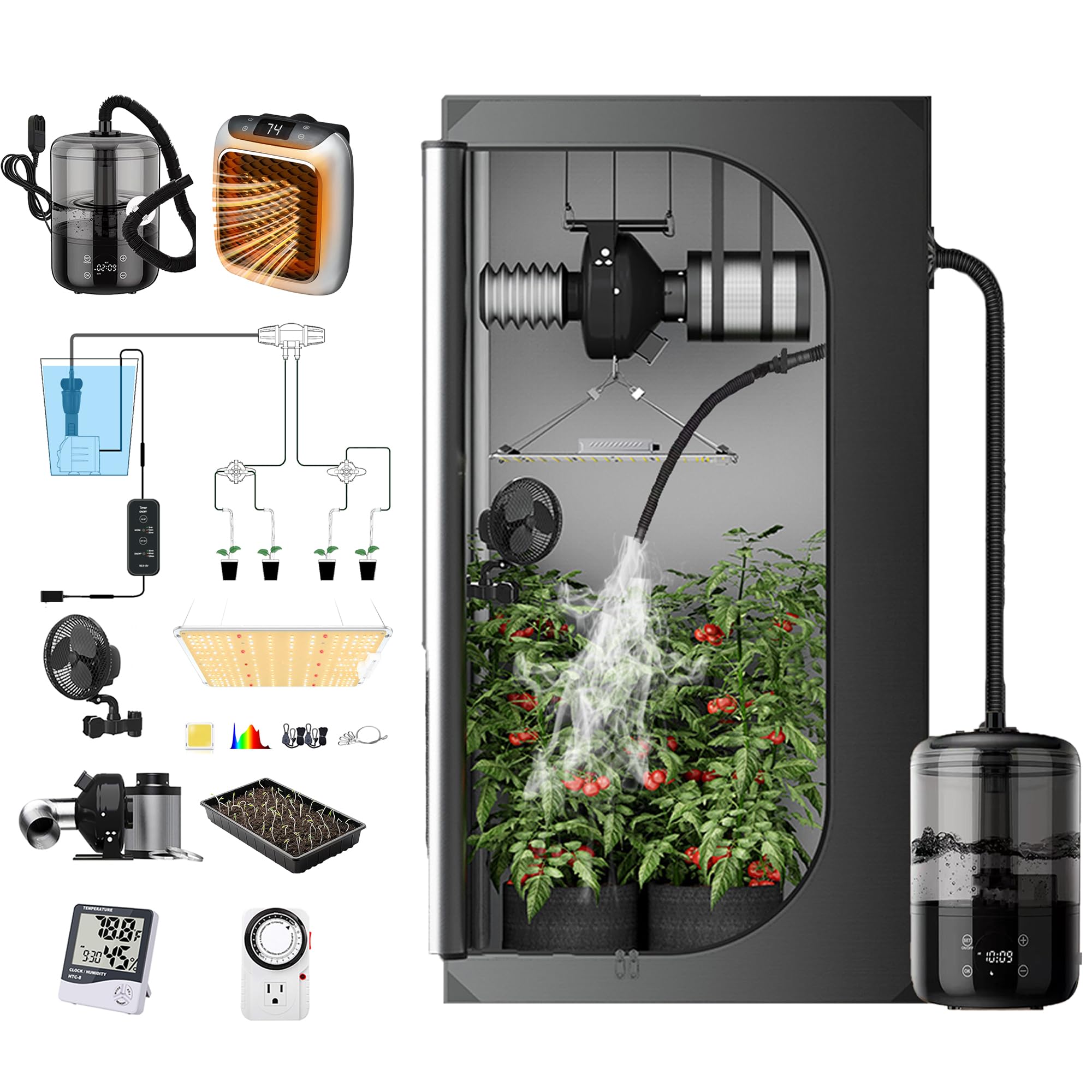 4x2FT Complete Indoor Grow Tent Kit with LED Light, Odor Fan Filter, Clip Fan, Humidifier, Heater & Drip System (48x24x60) - Perfect for Hydroponics, Seed Starting & Year-Round Plant Cultivation