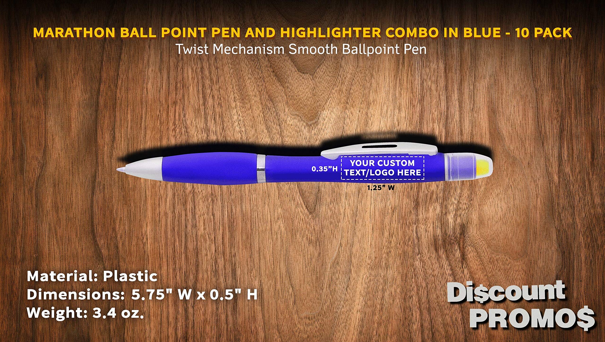 10 Pack Marathon Gel Highlighter Pens - Custom Text & Logo Printing - Twist Action Ballpoint - Blue Office & School Supplies for Note Taking, Book Marking & Study Sessions