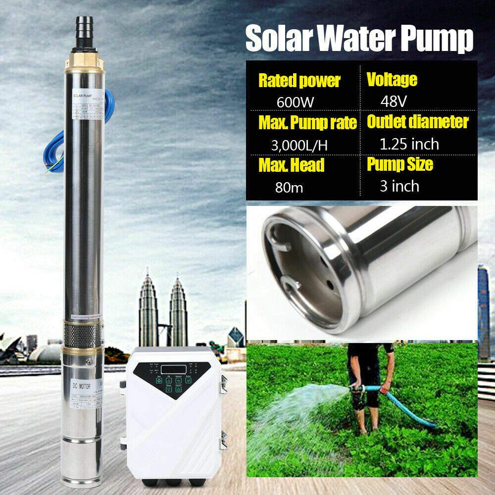 TFCFL 3 Inch DC Solar Water Pump 48V 600W Deep Well Submersible Pump with MPPT Controller - Stainless Steel Submersible Well Pump for Home & Industrial Use - Max Head 80m, 3000L/H Flow Rate - Perfect for Off-Grid Water Supply, Irrigation, and Livestock Watering