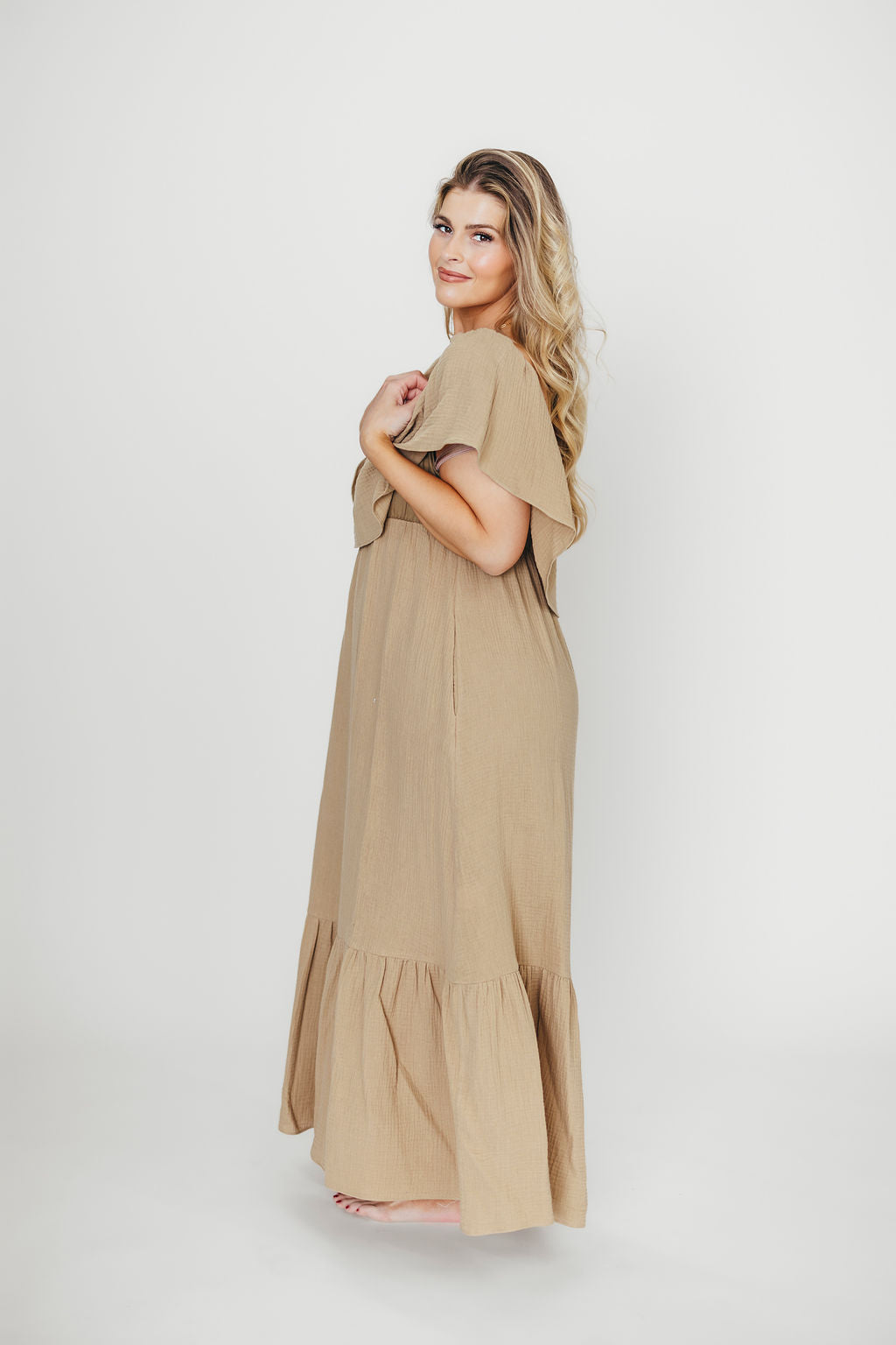 Josie 100% Cotton Maternity Maxi Dress in Khaki - Bump & Nursing Friendly for Pregnancy & Breastfeeding | Perfect for Casual Outings, Baby Showers & Nursing Comfort