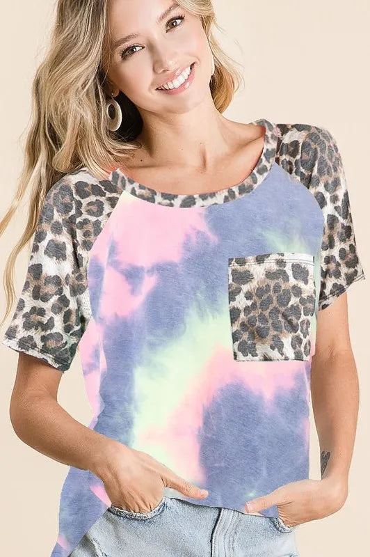 BiBi Tie Dye Knit Top with Leopard Print Raglan Sleeves | Trendy Women's Casual Shirt for Streetwear, Music Festivals & Boho Outfits