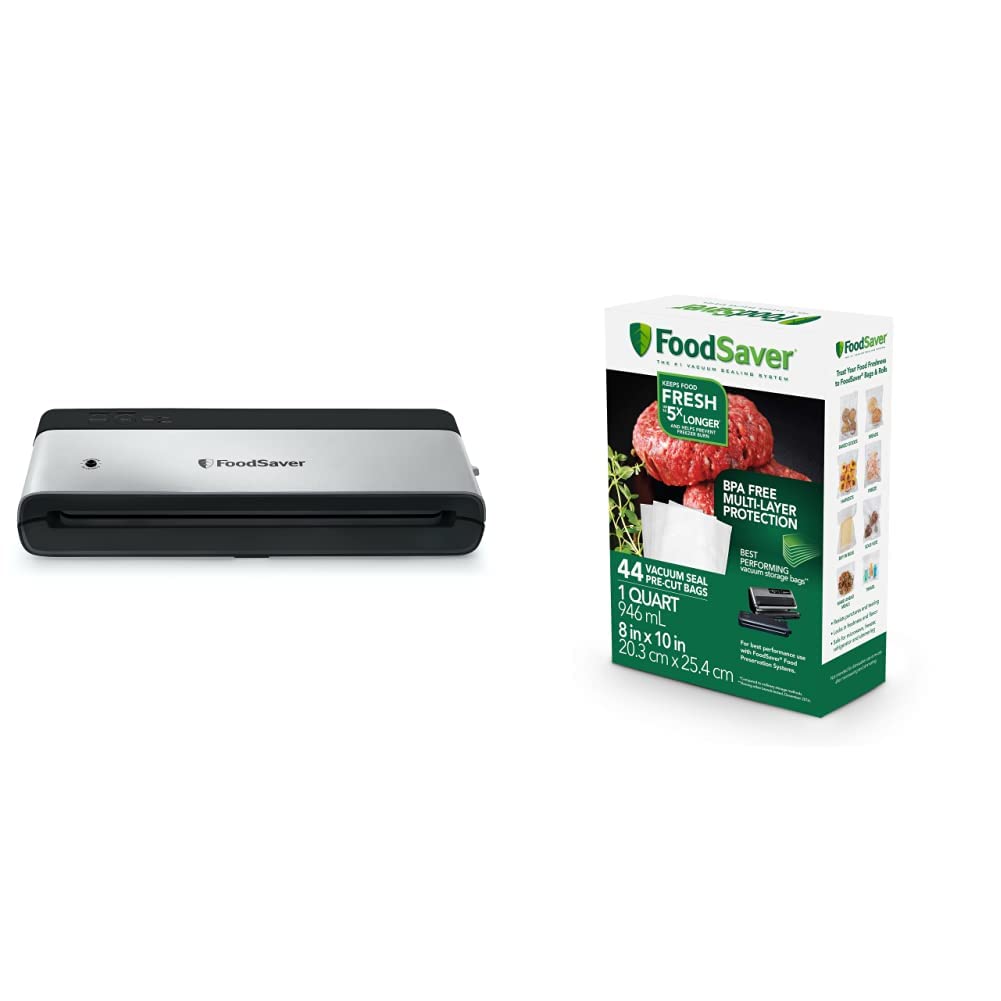FoodSaver Vacuum Sealing Machine with 50 Precut Quart Bags | Compact PowerVac Food Sealer for Freshness | Perfect for Meal Prep, Sous Vide & Freezer Storage