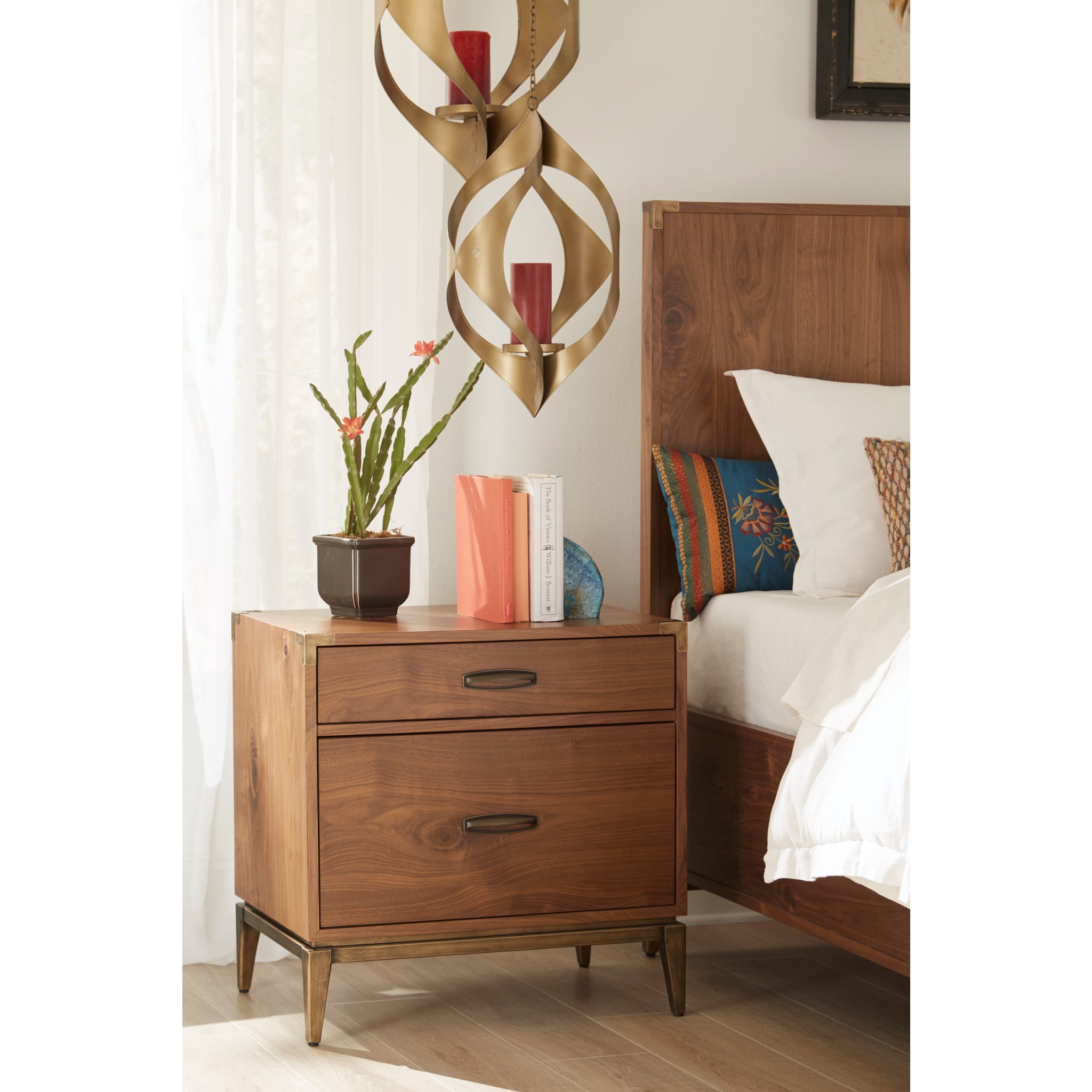 Adler Two Drawer Nightstand in Natural Walnut - Solid Wood Bedside Table with Storage for Bedroom, Living Room & Guest Room