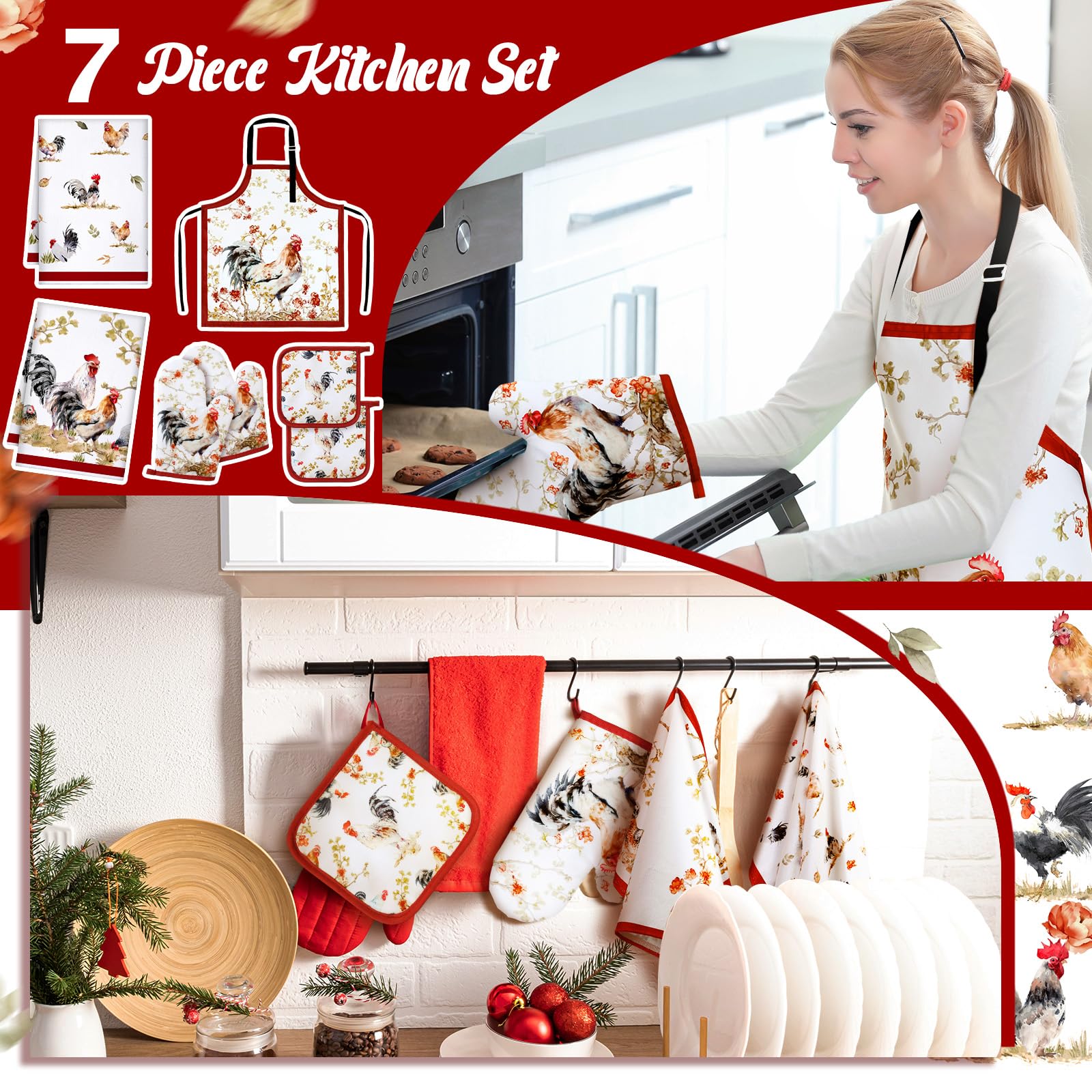 Bencailor 7-Piece Kitchen Towel Set with Oven Mitt, Pot Holder & Apron - Soft Absorbent Cotton for Cooking, Baking, Cleaning - Perfect Housewarming & Birthday Party Gifts for Home Decor
