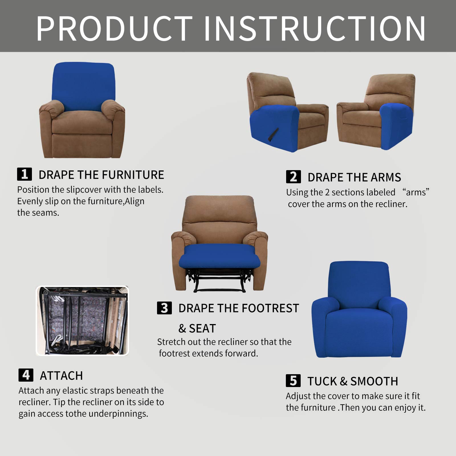 4-Piece Oversized Recliner Stretch Sofa Slipcover - Klein Blue Jacquard Fabric with Elastic Bottom - Polyester Spandex Furniture Protector for Couches & Sectionals - Classic Checkered Design (X-Large) - Perfect for Living Room, Family Room & Home Theater Seating
