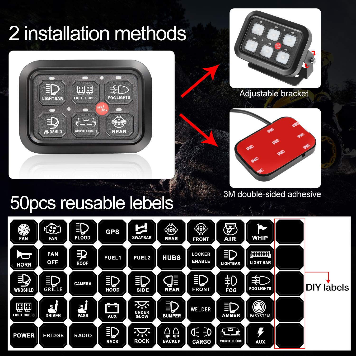 6 Gang Switch Panel with Auto Power Plus - Universal Dimmable Touch Control Box with Relay System & Harness Label Sticker for Car, Marine, Boat, ATV, UTV, Truck - Perfect for Off-Road Adventures & Night Driving